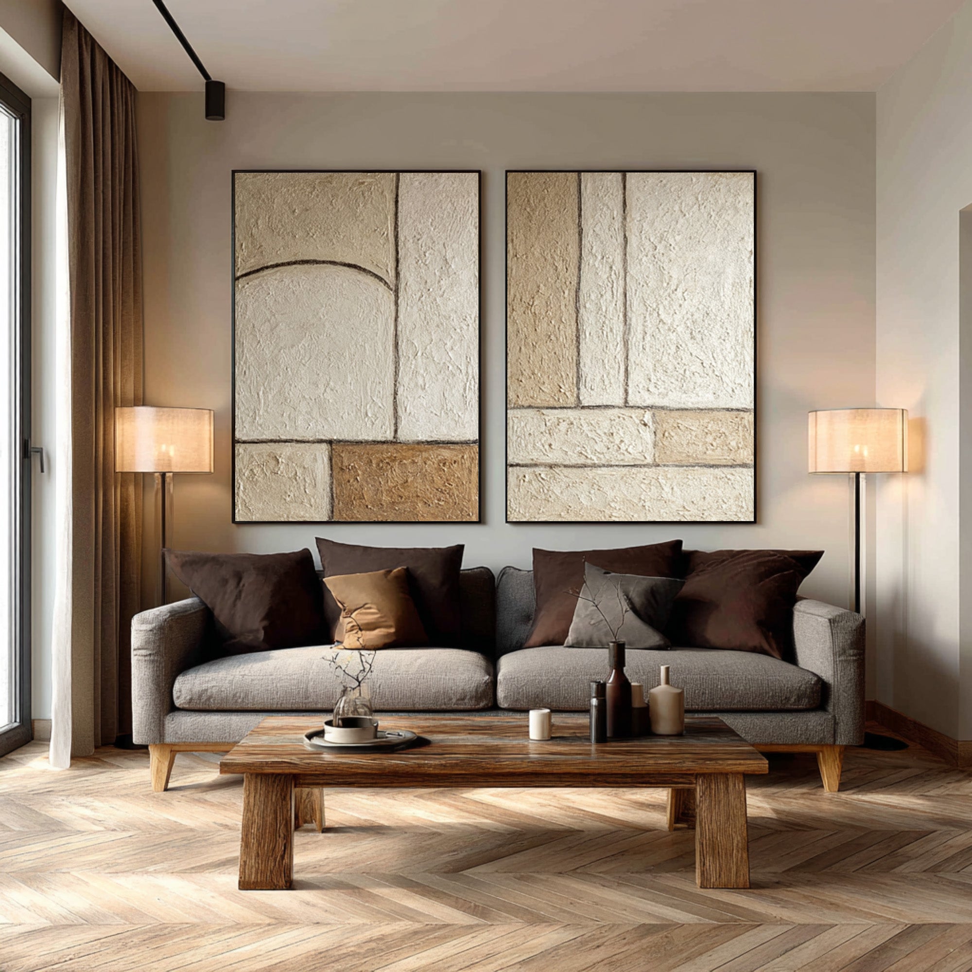 Large Neutral Abstract Wall Art Set of 2 #WAB 002