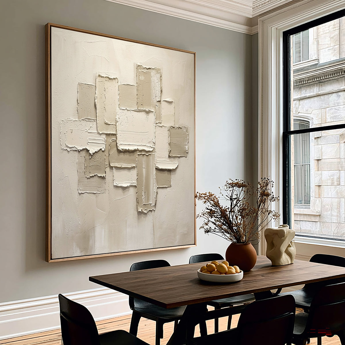 Large Minimalist White Abstract Relief Wall Art Textured Oil Painting 3D Geometric Sculptural Artwork Modern Luxury Living Room Decor