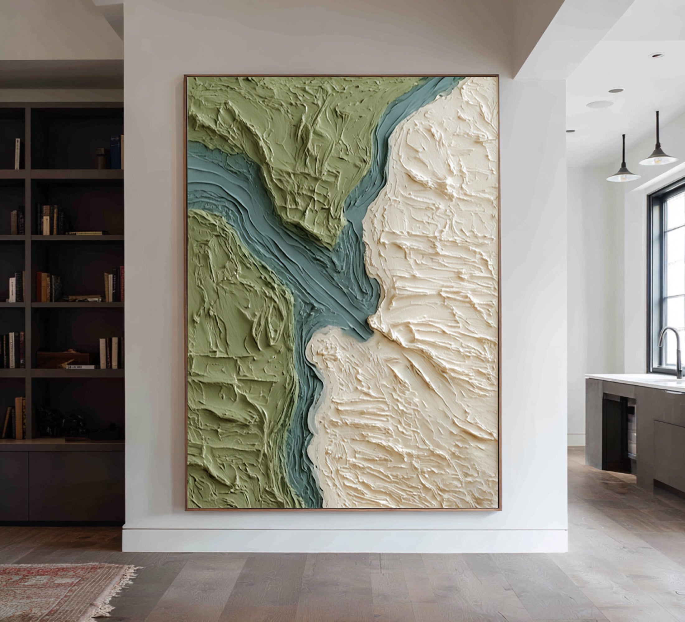 Large Abstract Oil Painting Green Terrain Art, Organic Textured Wall Art for Living Room | ArtvistaGallery #WAB 028