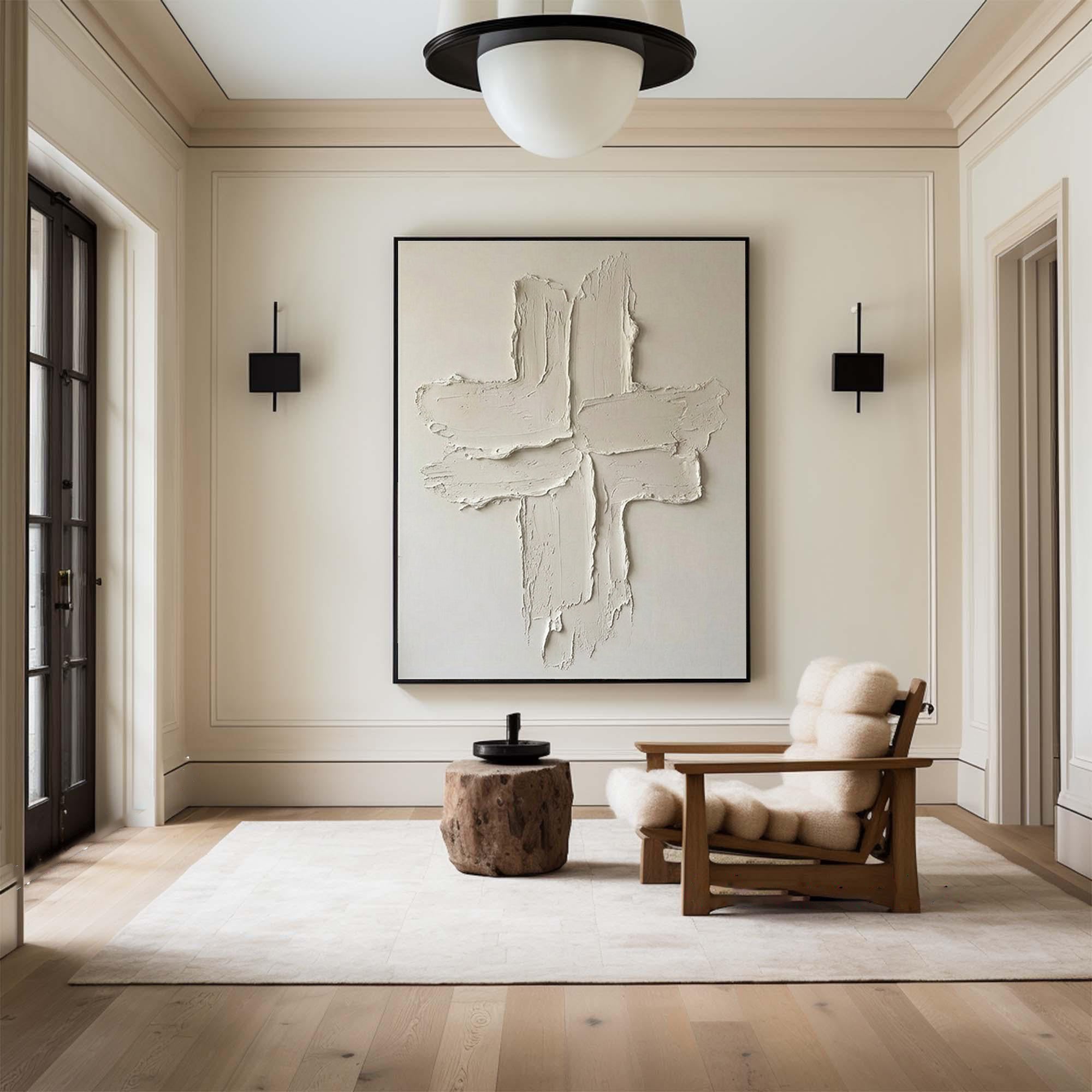 Large Minimalist Cross Texture Oil Painting for Modern Neutral Interiors