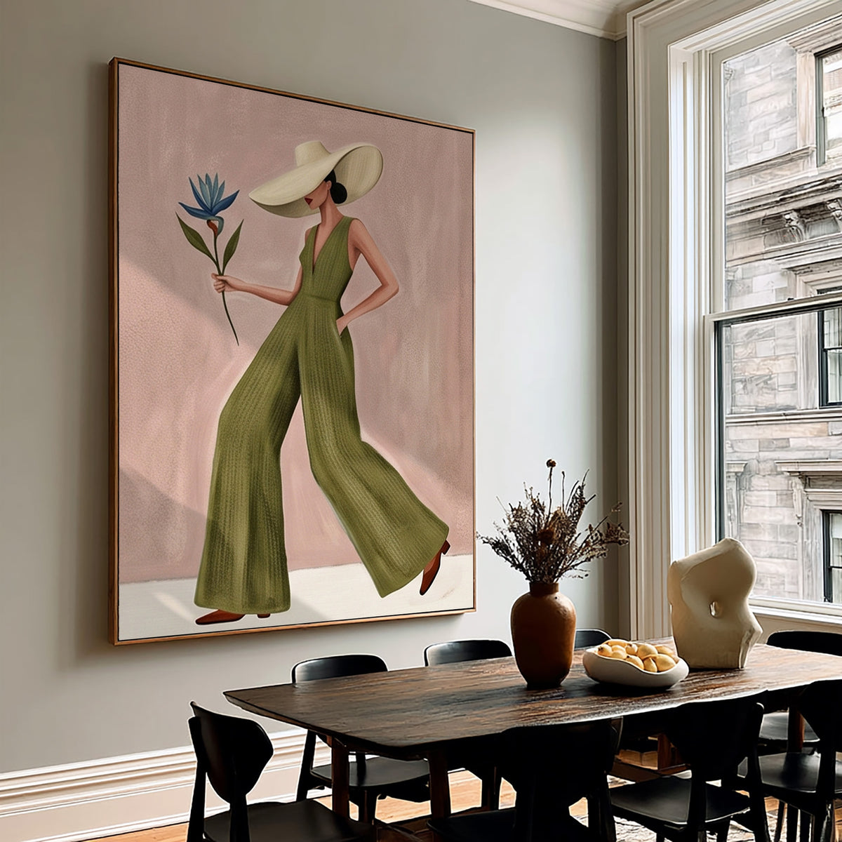 Fashion Woman Painting Green Jumpsuit Modern Wall Art