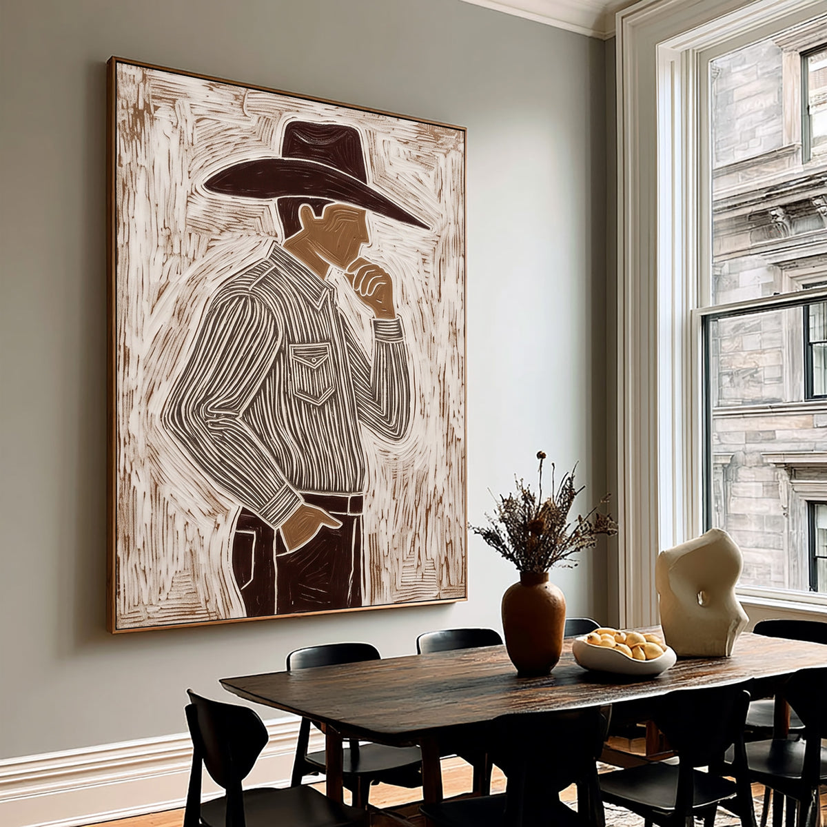 The Man Beneath the Brim Western Cowboy Painting Contemporary Figurative Hand Painted Wall Art