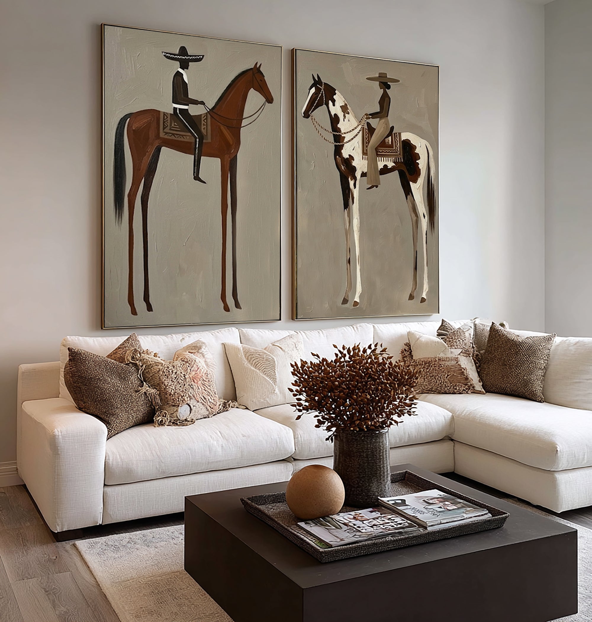 Large Cowboy Cowgirl Wall Art Southwestern Western Horse Oil Painting Diptych