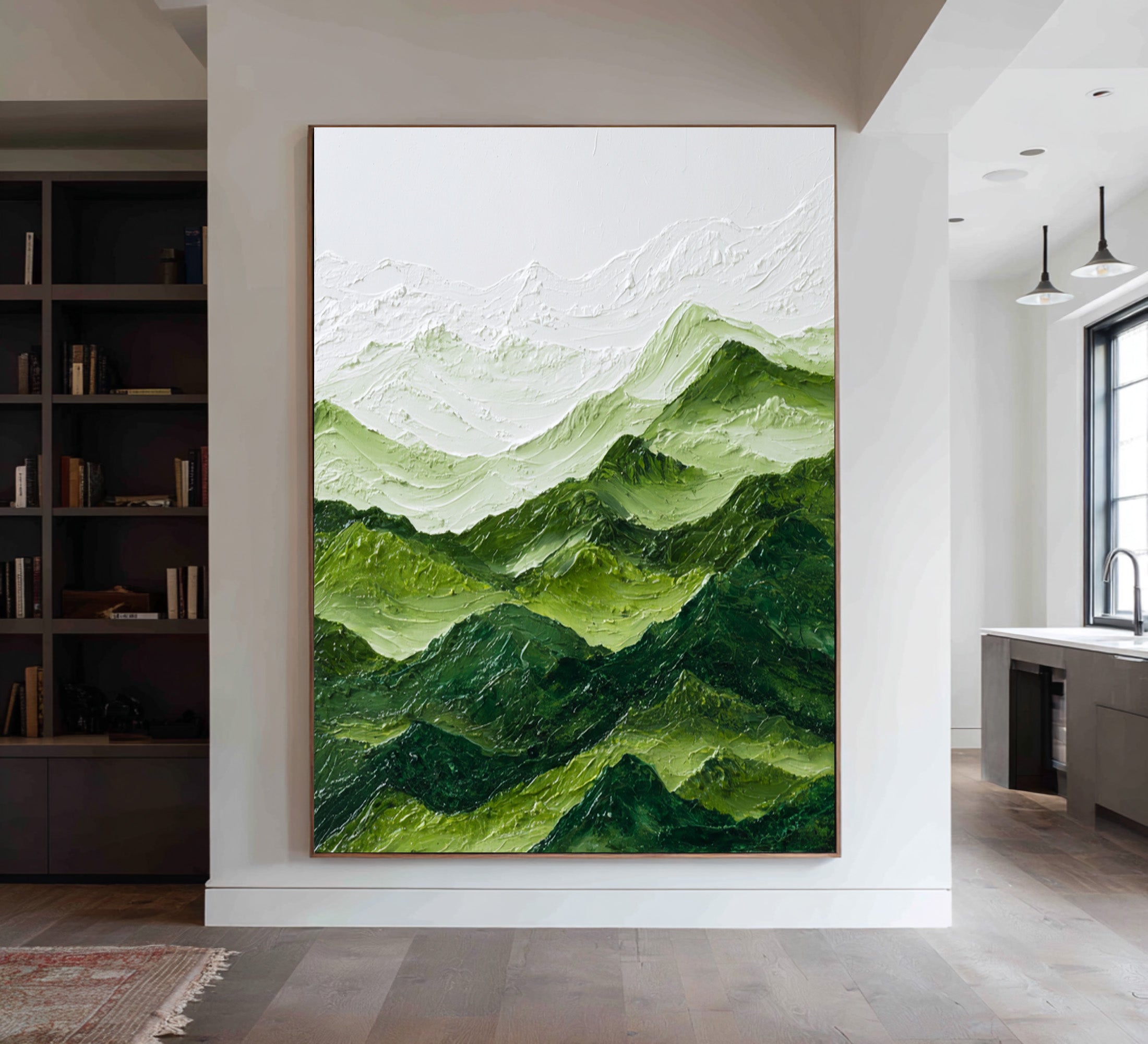 Large Abstract Oil Painting Green Mountain Landscape, Textured Modern Wall Art for Living Room | ArtvistaGallery #WAB 005
