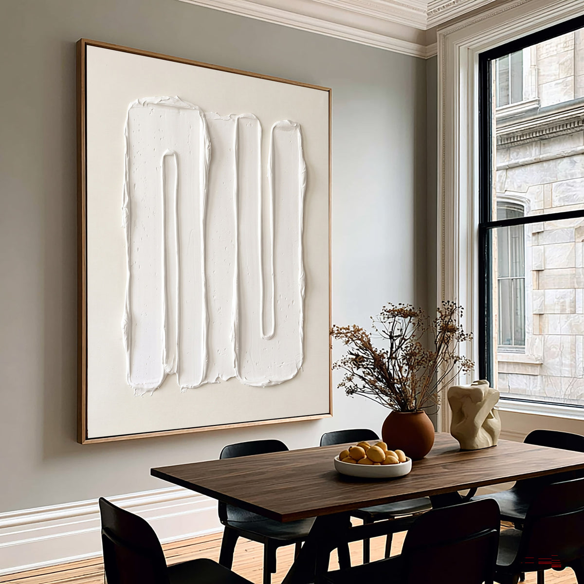 Large Minimalist Raised Vertical Lines Wall Art Ivory Cream Abstract Oil Painting Thick Impasto Texture Sculptural Relief Contemporary Modern Home Decor