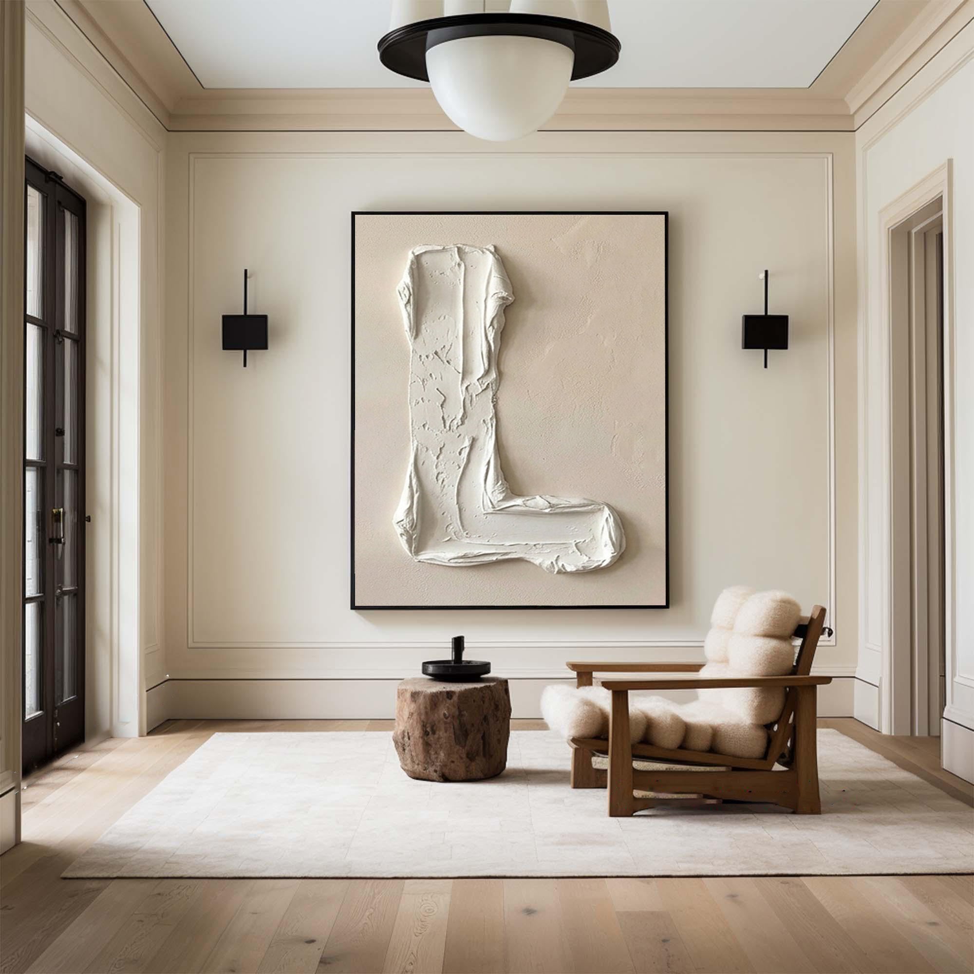 Large Minimal Letter Oil Painting – Contemporary Neutral Texture Wall Art