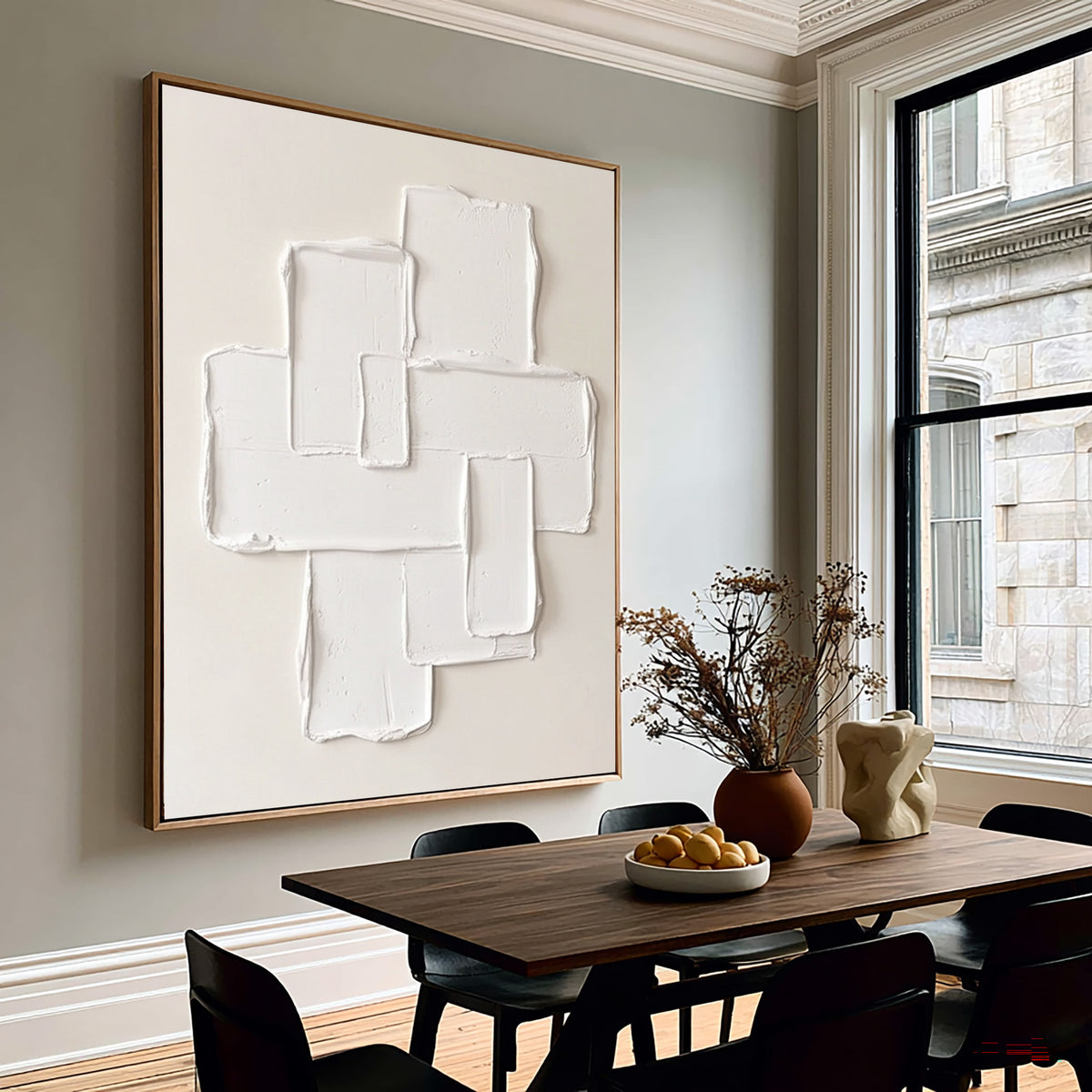Large Cream Modernist Composition Textured Wall Art Ivory Neutral Abstract Oil Painting Raised Geometric Shapes Sculptural Impasto Minimalist Contemporary Luxury Decor