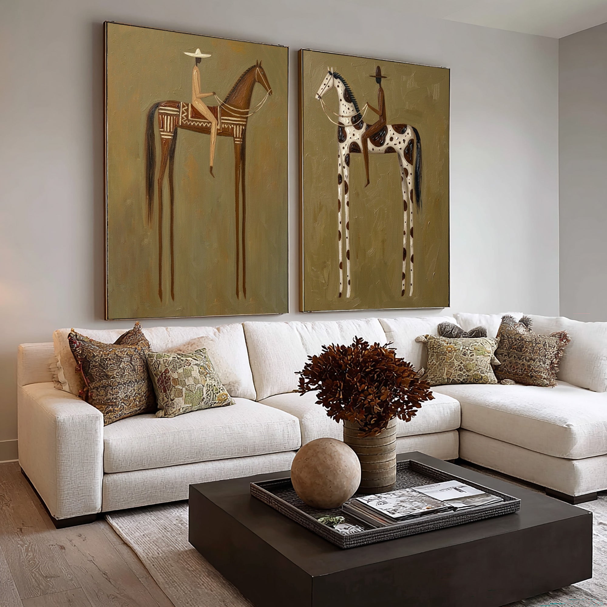 Large Cowboy Cowgirl Wall Art Western Ranch Horse Oil Painting Diptych