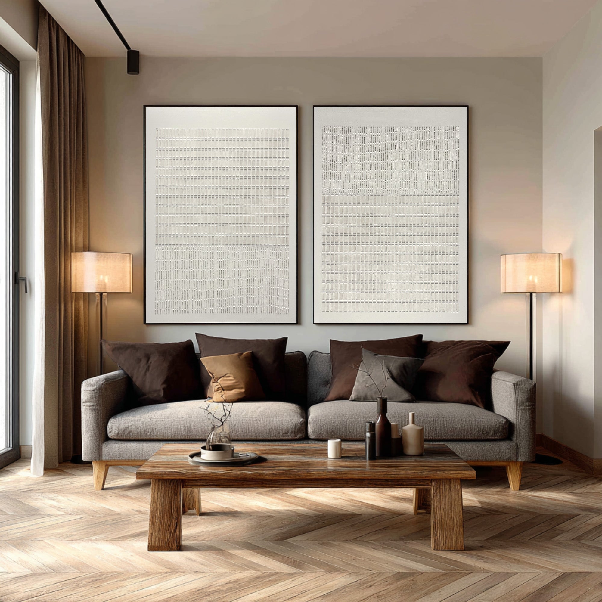 Large Abstract Oil Painting Beige Textured Grid Art Set, Minimal Wall Art for Living Room | ArtvistaGallery #WAB 019