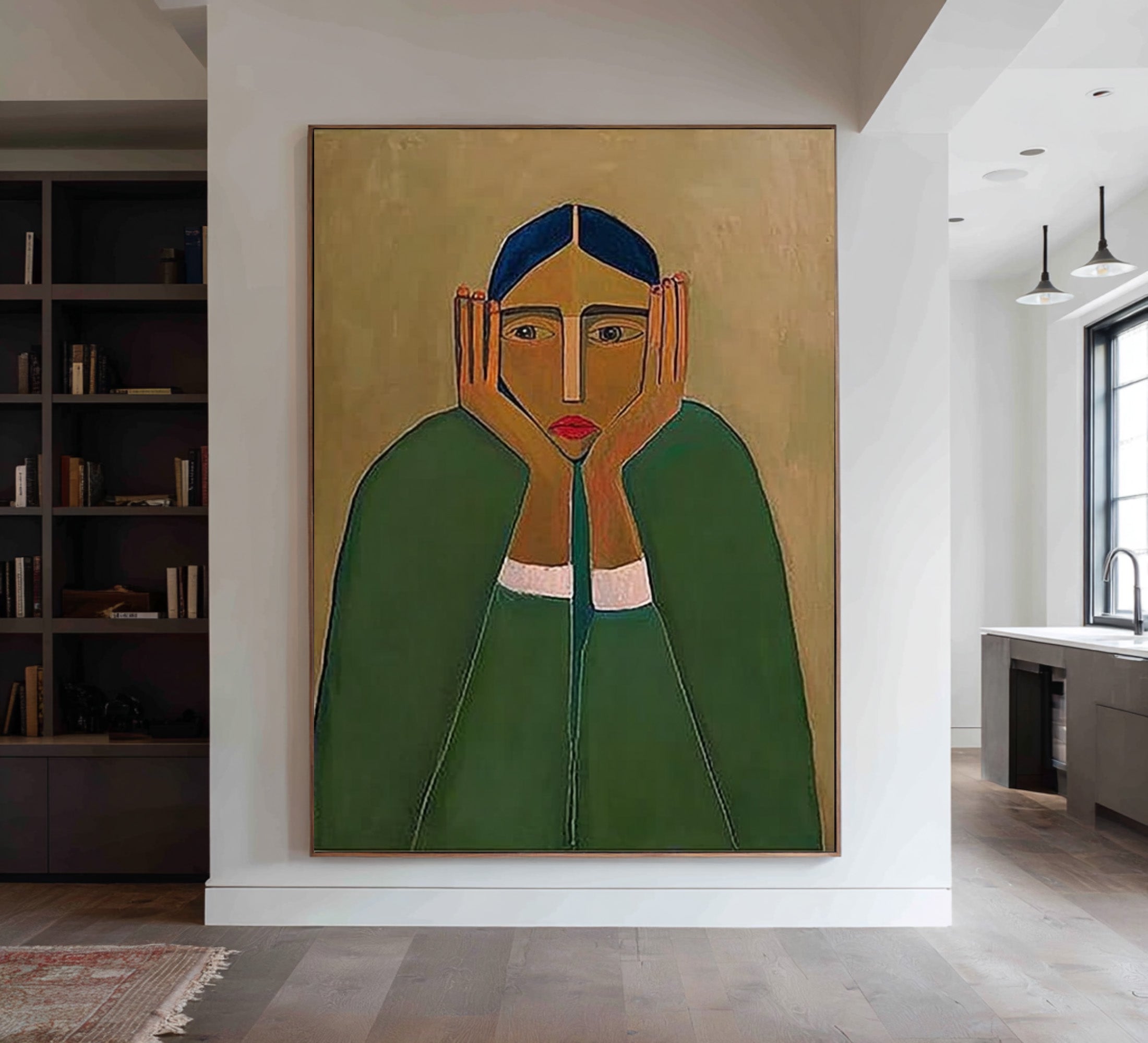 Large Abstract Portrait Oil Painting on Canvas – Statement Green Figurative Wall Art #WAB 032