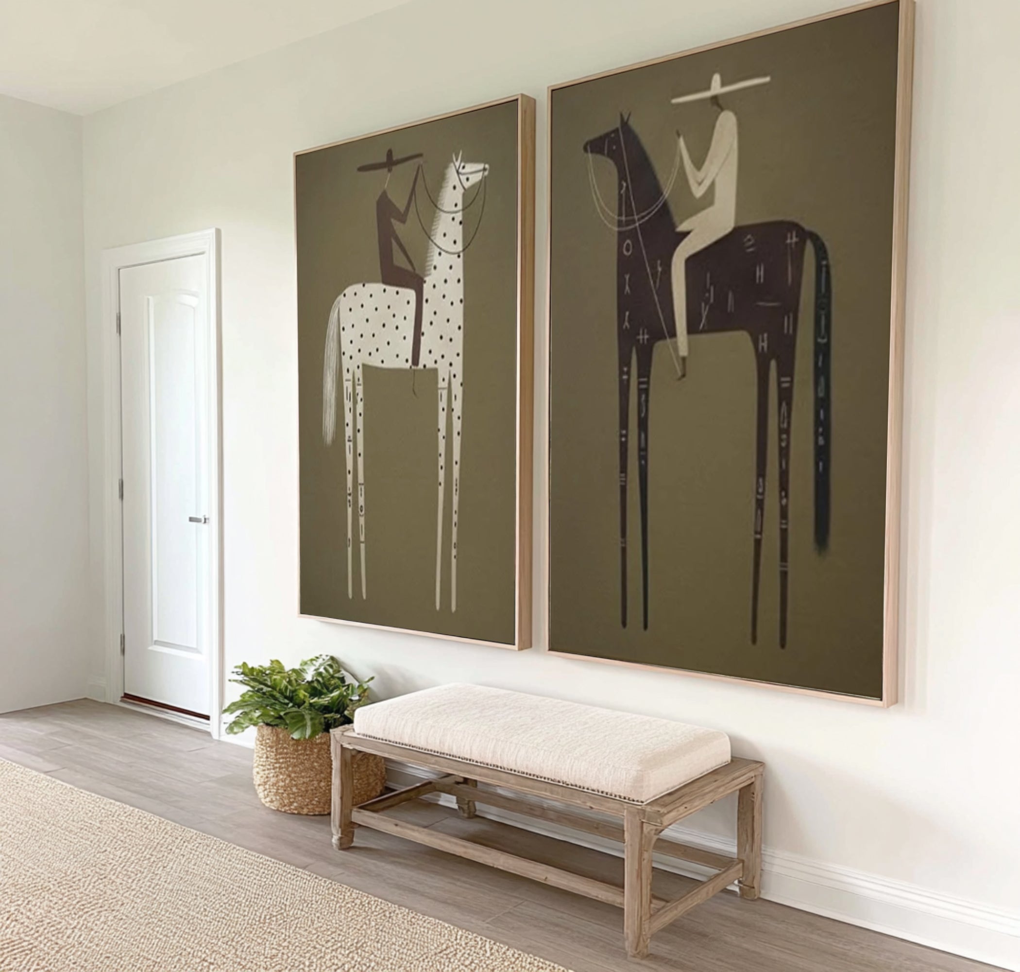 Large Tribal Horse Rider Wall Art Contemporary Abstract Equestrian Diptych