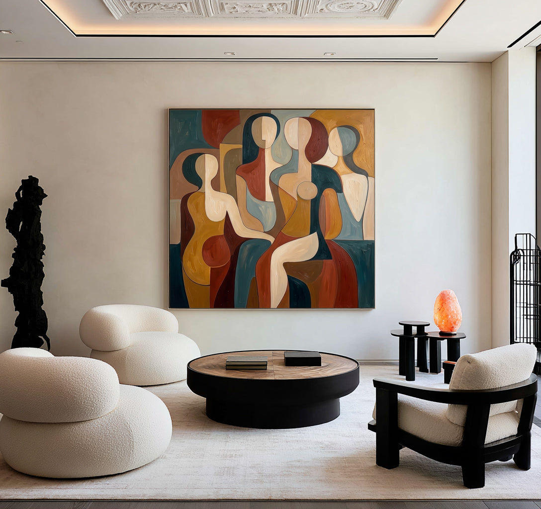 Large Modern Abstract Female Figures Wall Art Colorful Figurative Oil Painting Geometric Women Portrait Contemporary Living Room Decor