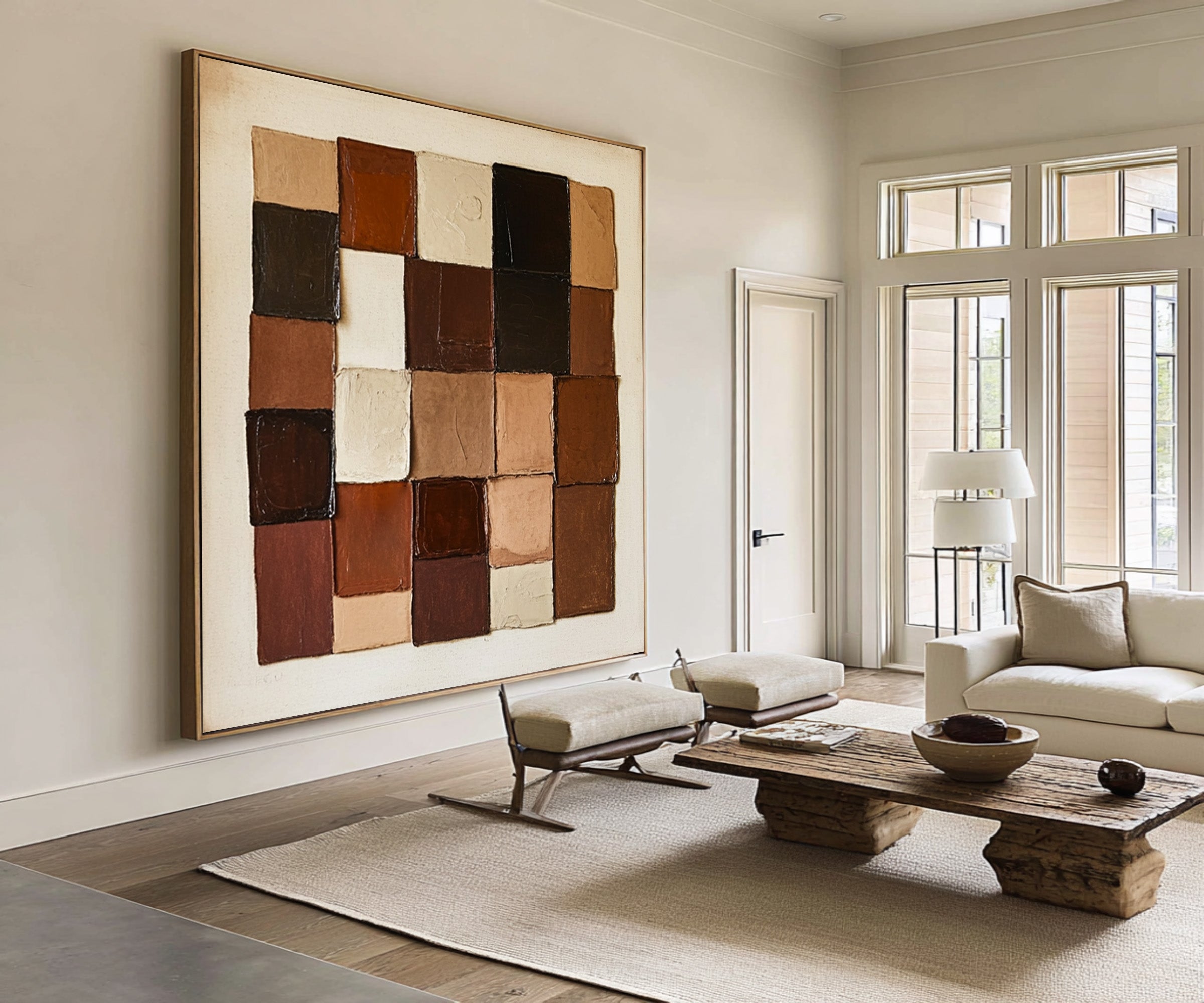 Large Abstract Oil Painting Geometric Blocks, Earth Tone Wall Art for Entryway Decor | ArtvistaGallery #WAB 010