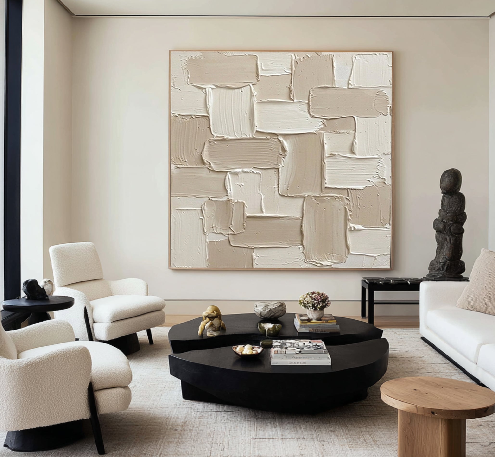Large Geometric Patch Relief Wall Art Contemporary Neutral Textured Canvas Painting