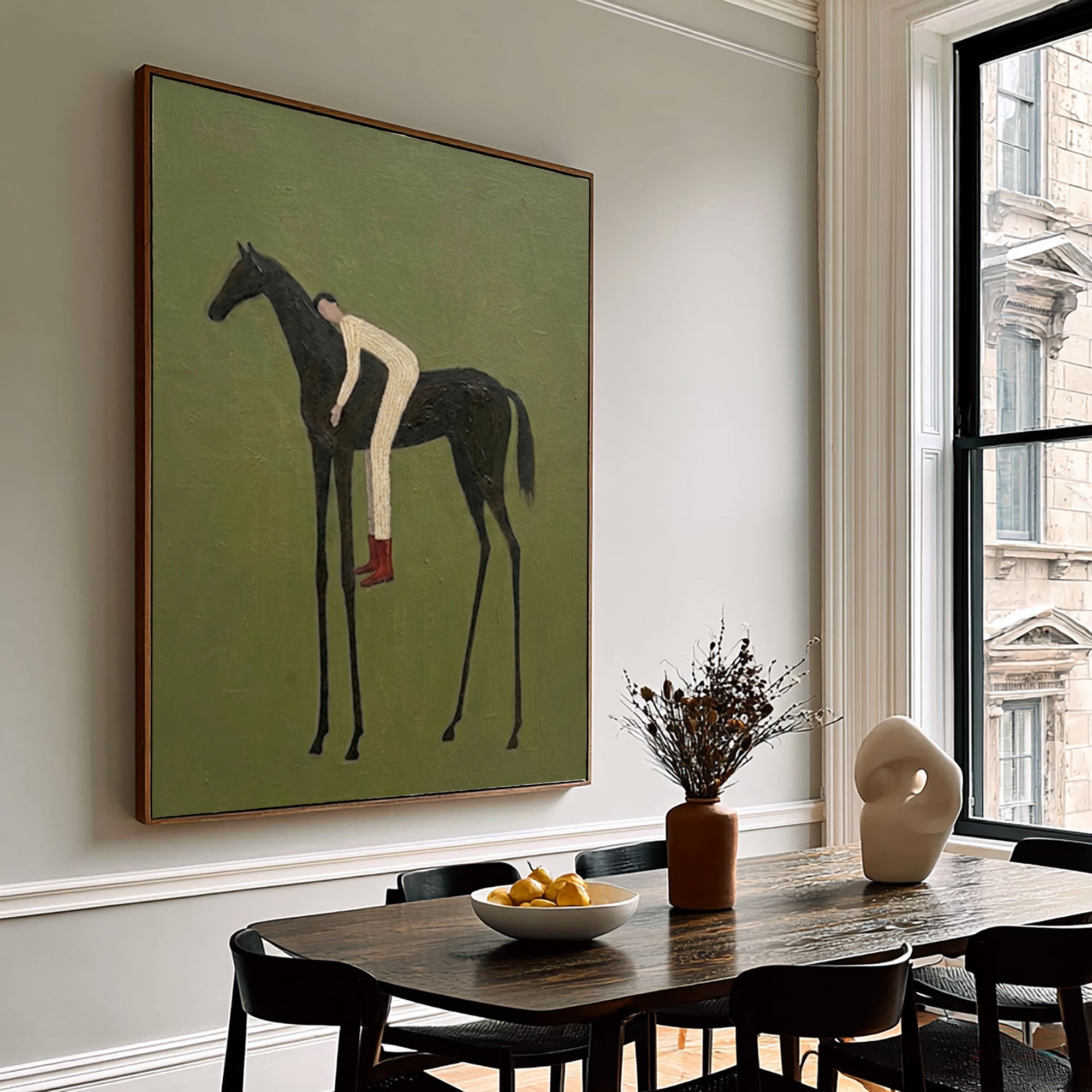 Large Olive Green Equestrian Wall Art Horse Rider Oil Painting Cowboy Cowgirl Inspired Western Americana Artwork Modern Home Decor