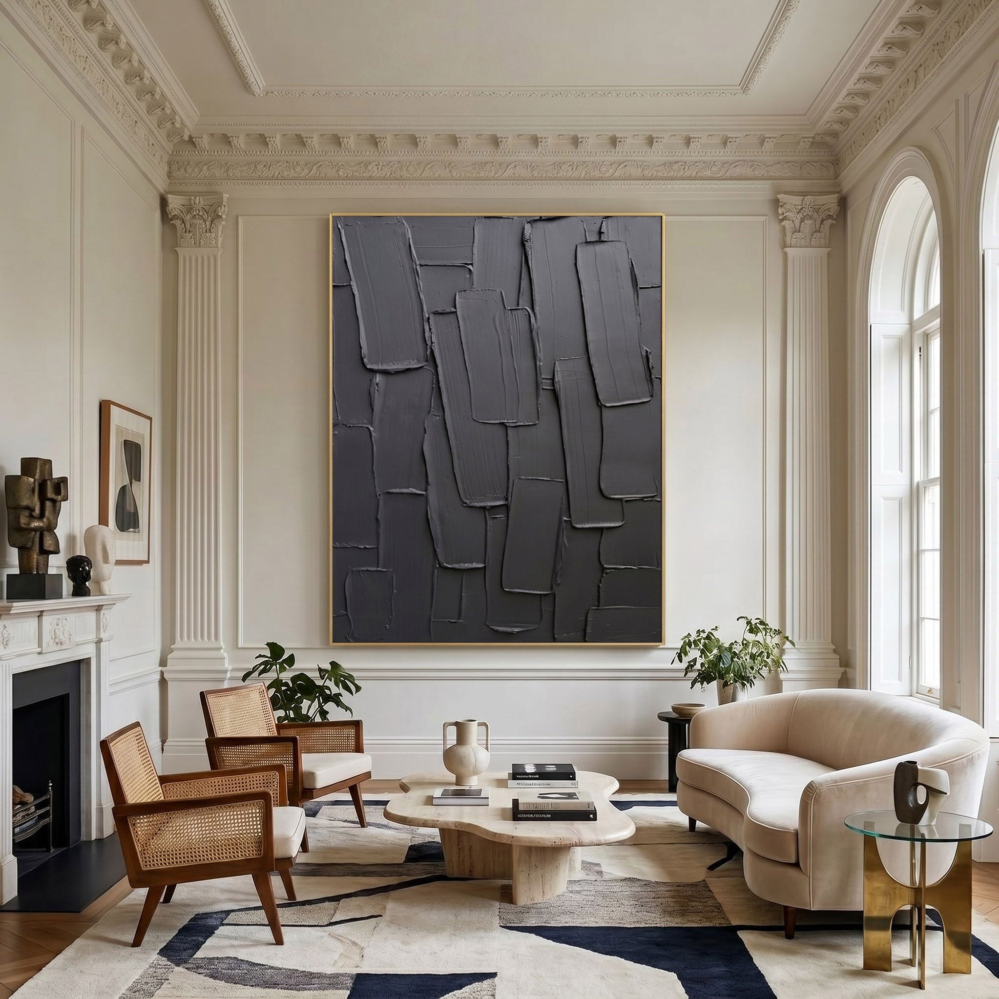 Large Black Textured Wall Art Modern Abstract Oil Painting Impasto Layered Minimalist Contemporary Decor