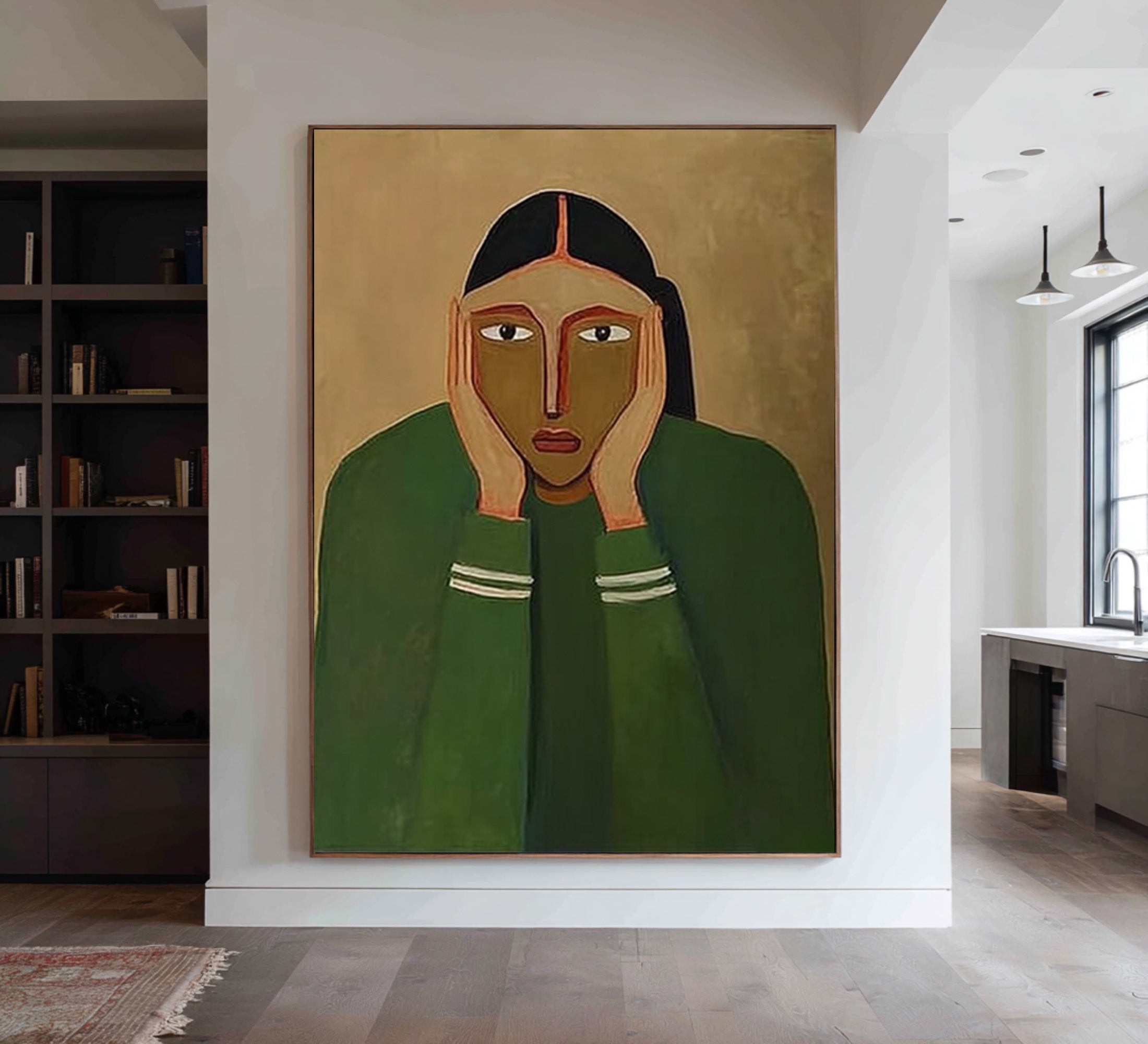 Large Abstract Portrait Oil Painting Green Tones, Emotional Modern Wall Art for Living Room #WAB-030