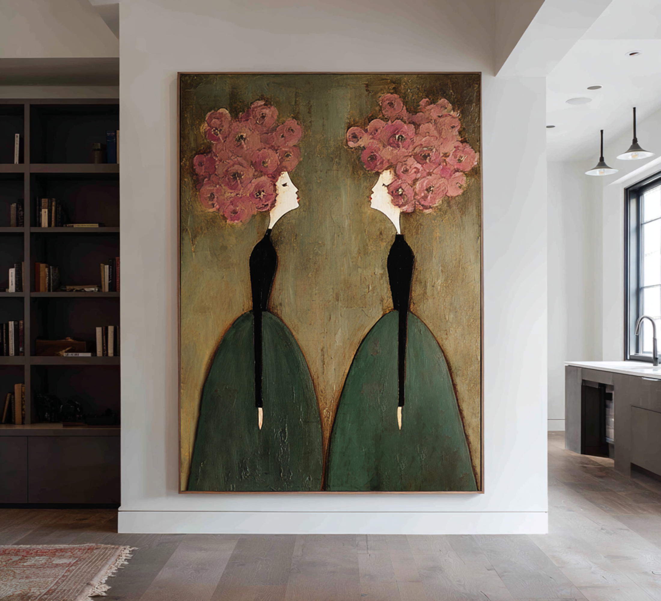Large Floral Figurative Wall Art Elegant Women Canvas Painting