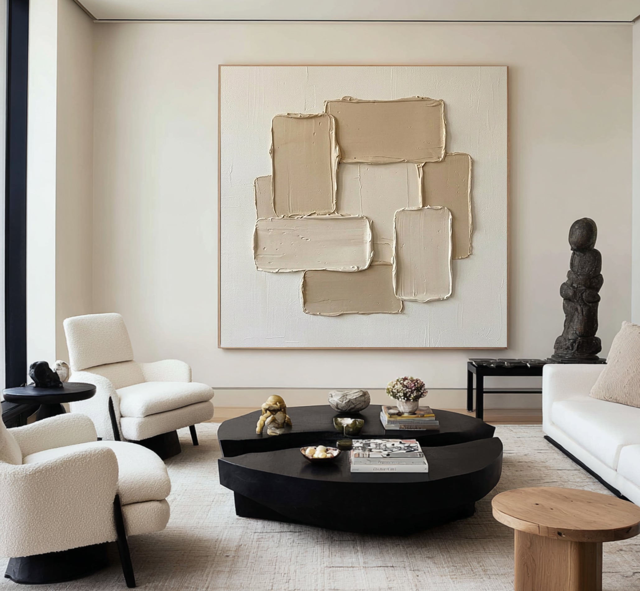 Large Neutral Geometric Oil Painting with Heavy Texture for Modern Wall Decor