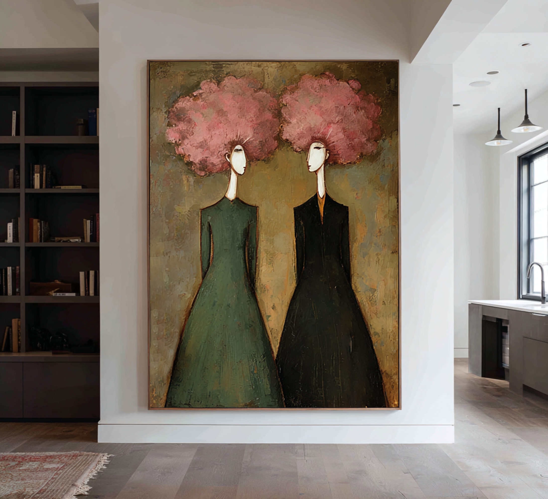 Large Abstract Pink Portrait Oil Painting – Modern Green and Black Wall Decor #WAB 044