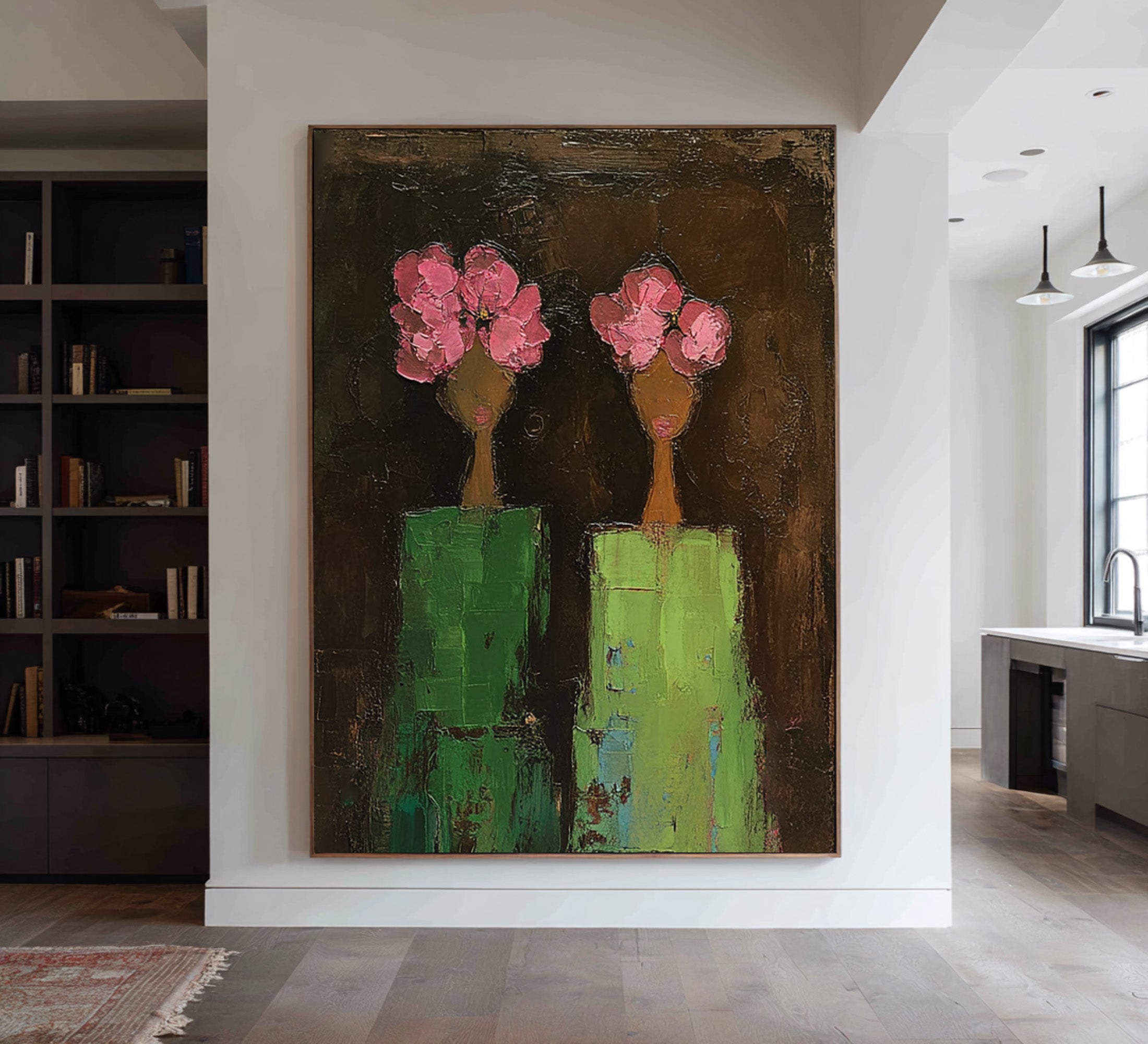 Large Modern Figurative Oil Painting on Canvas – Elegant Pink Floral Portrait Wall Art #WAB 039