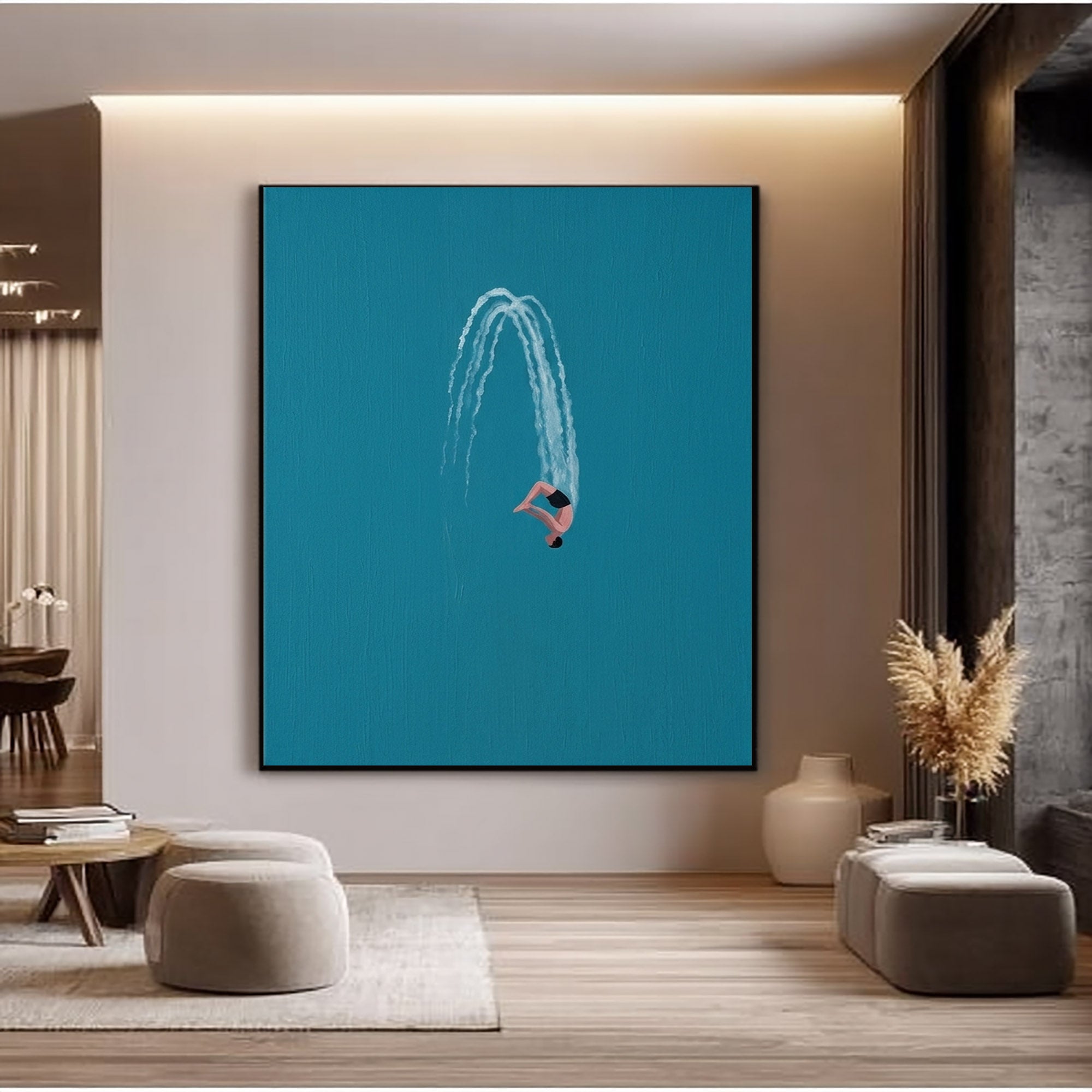 Large Minimalist Diver Wall Art Contemporary Ocean Blue Painting