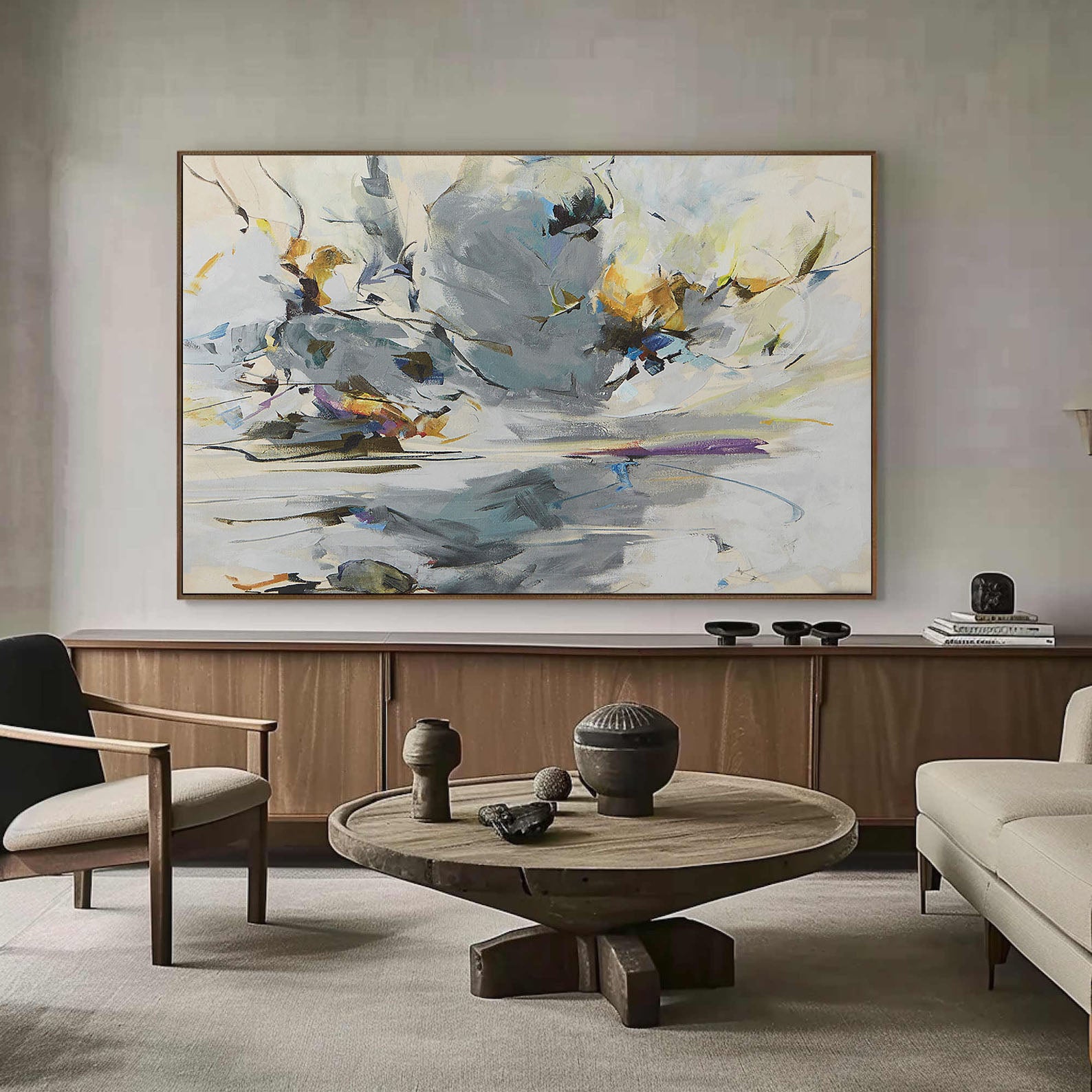 Abstract with Horizontal Lines and Cloudy Forms, Gray Canvas #BGA 054