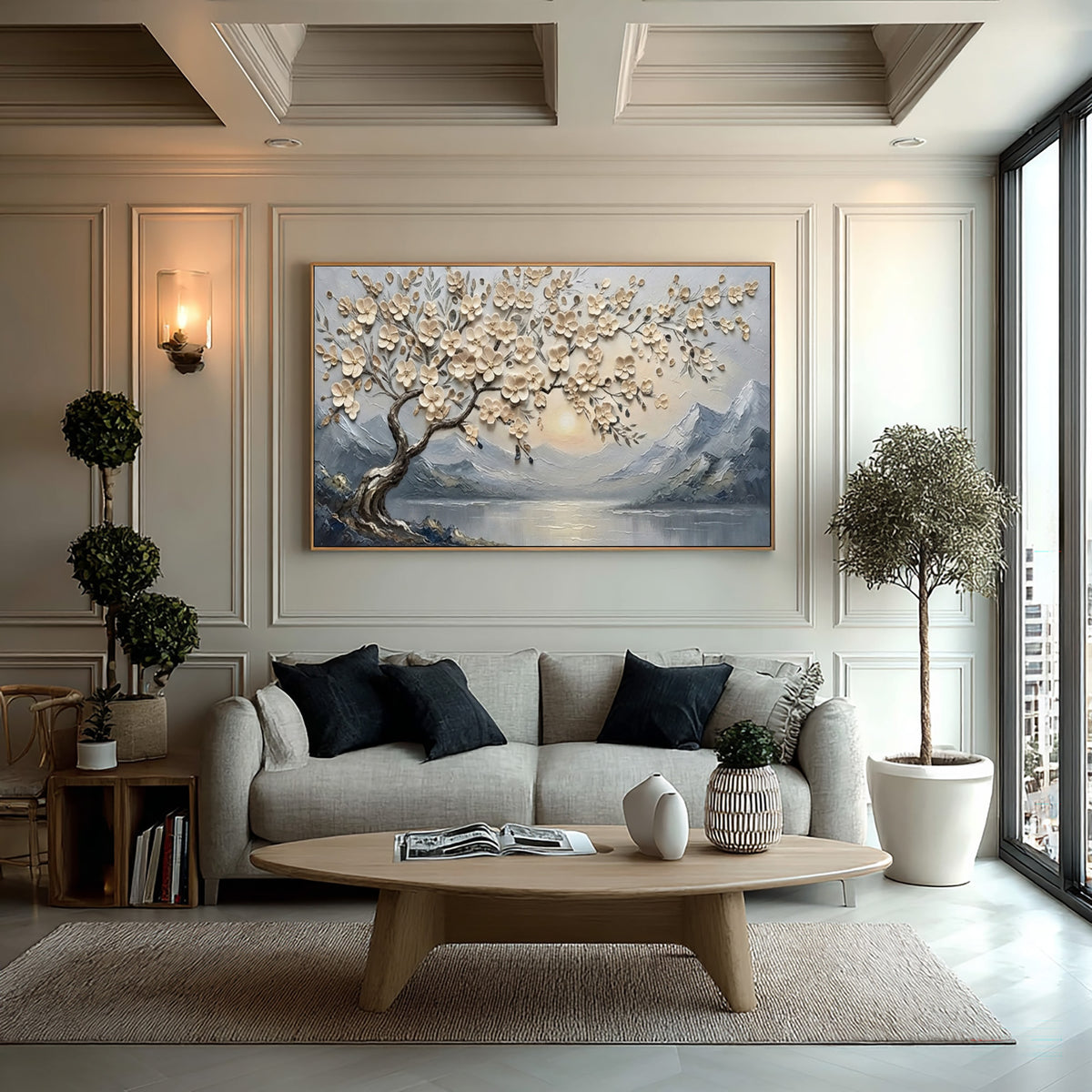 Large Textured Blossom Tree Painting Mountain Lake Floral Wall Art