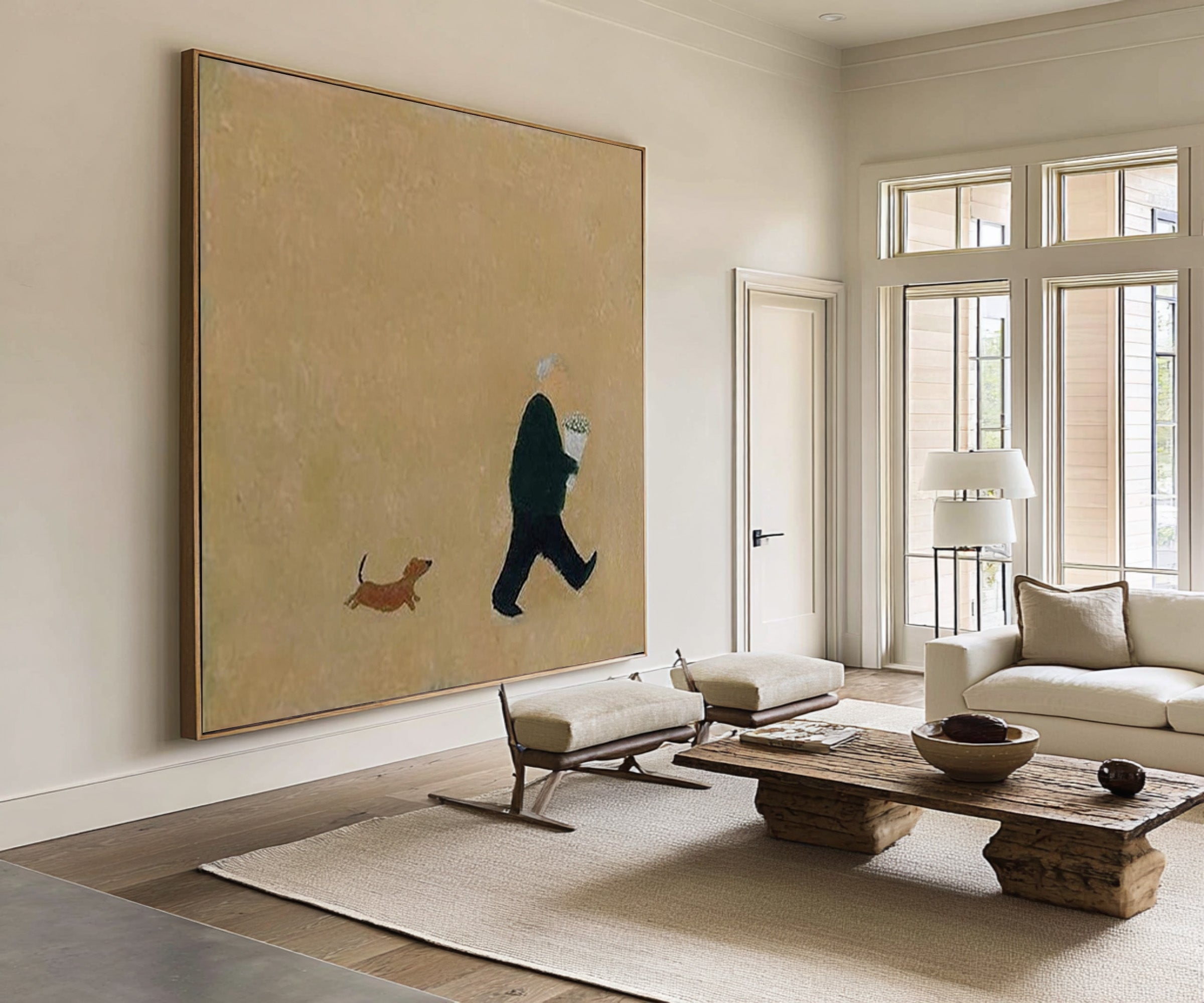 Large Abstract Oil Painting Figure and Dog, Minimal Warm Wall Art for Home Decor | ArtvistaGallery #WAB 015