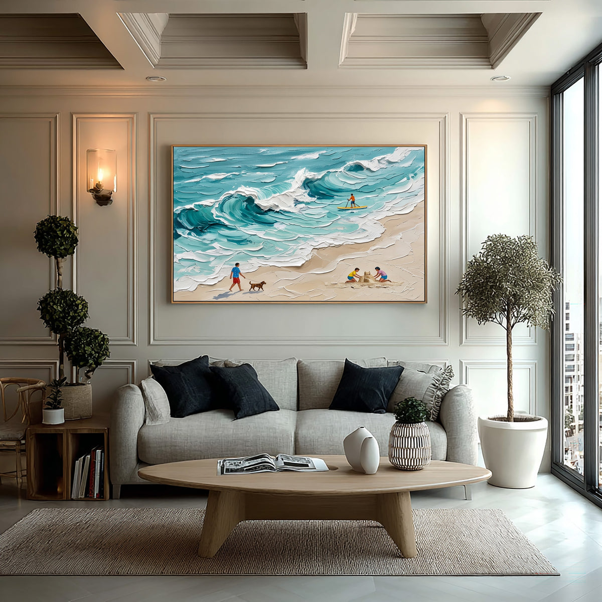Large Textured Oil Painting Turquoise Ocean Waves Beach Family Coastal Wall Art