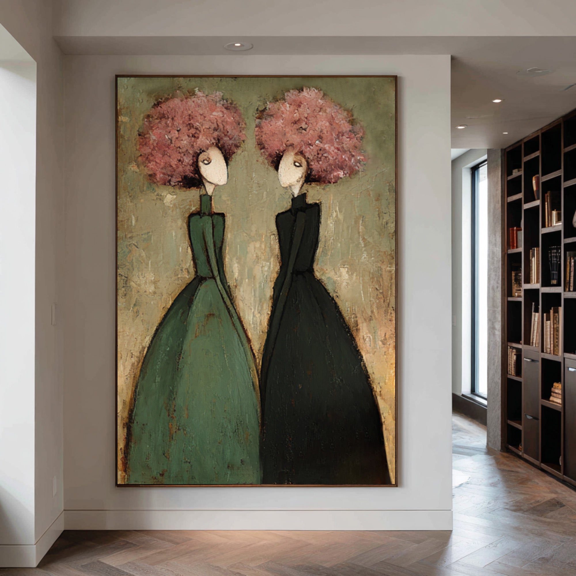 Large Contemporary Portrait Oil Painting – Modern Green and Pink Canvas Wall Art #WAB 035
