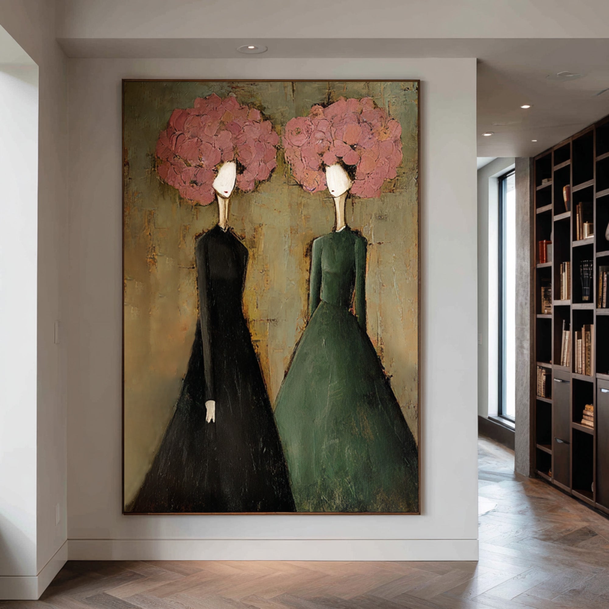 Large Modern Portrait Oil Painting on Canvas – Elegant Green Figurative Wall Art Decor #WAB 037