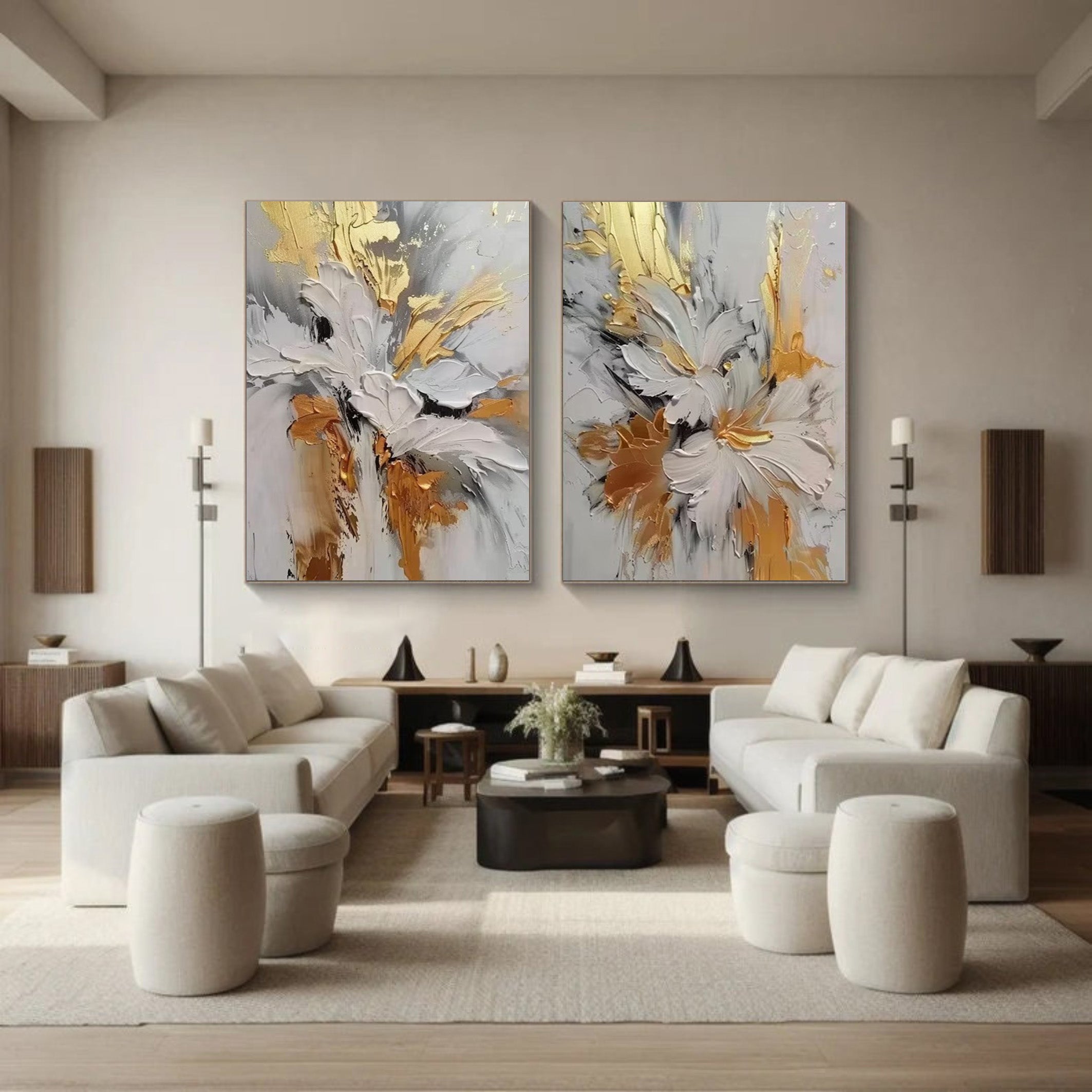 Opulent Bloom Set: 3D Gold Floral Art, Textured Abstract Art #BGA 133