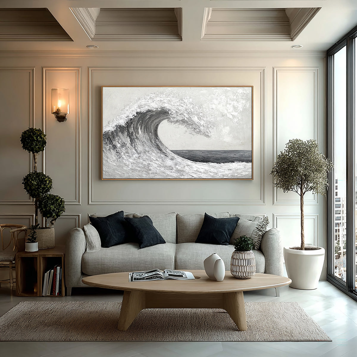 Textured Abstract Wave Monochrome Ocean Artwork Handmade Seascape Black White Gray Coastal Wall Art