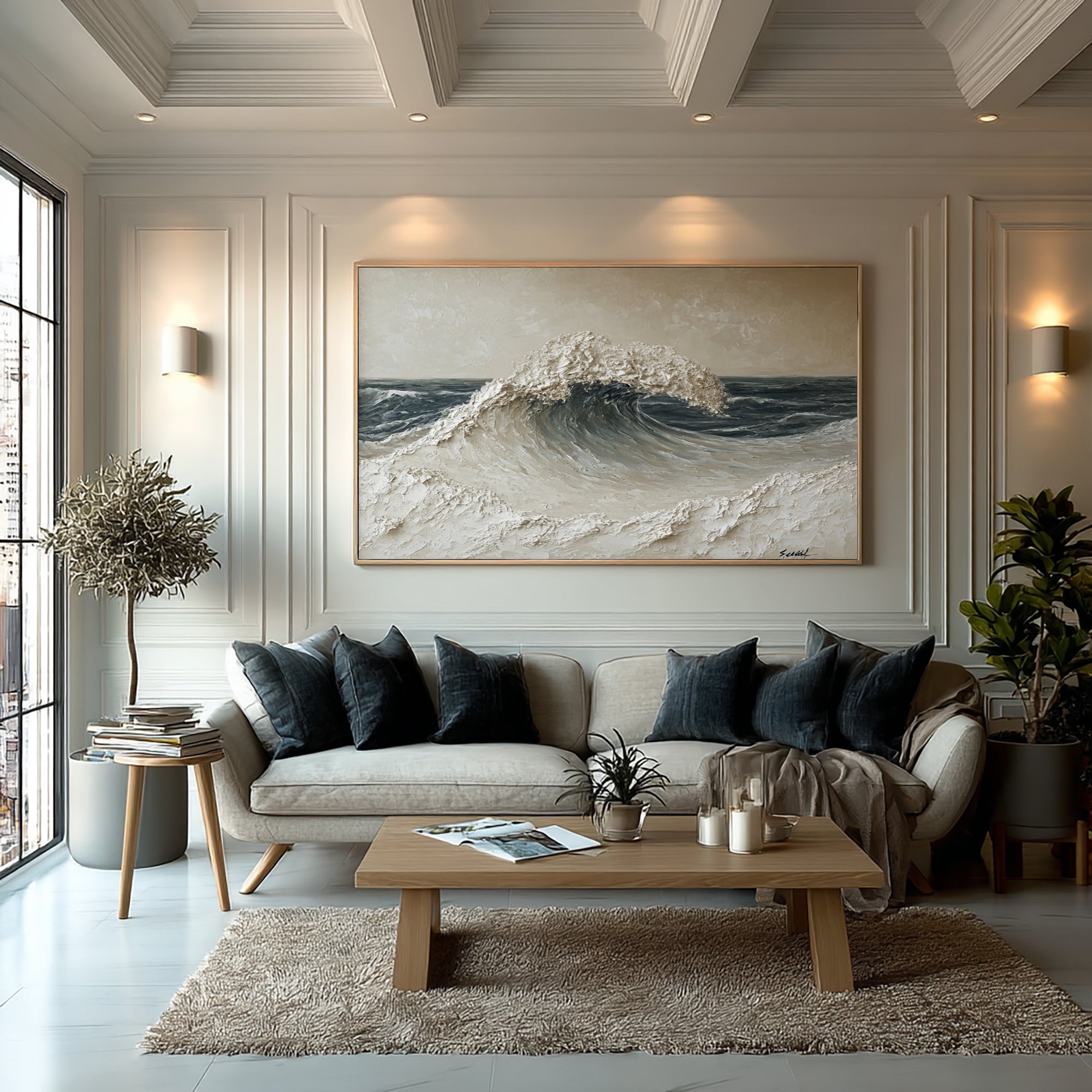 Large Powerful Ocean Wave Wall Art Textured Seascape Oil Painting Dramatic Coastal Artwork Modern Interior Decor