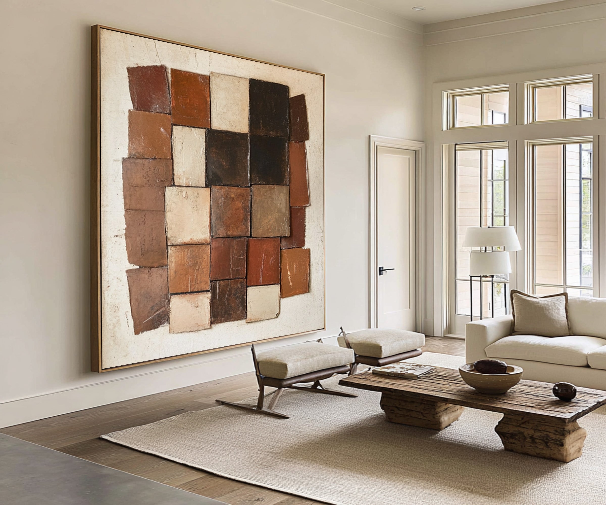 Large Abstract Oil Painting Earth Tone Geometric Art, Textured Modern Wall Art for Living Room | ArtvistaGallery #WAB 007