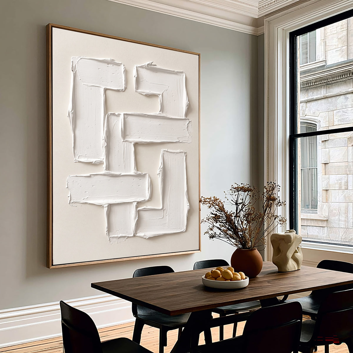 Large Modern Geometric Impasto Relief Wall Art Ivory Cream Abstract Oil Painting Thick Textured Rectangles Sculptural Minimalist Contemporary Living Room Decor