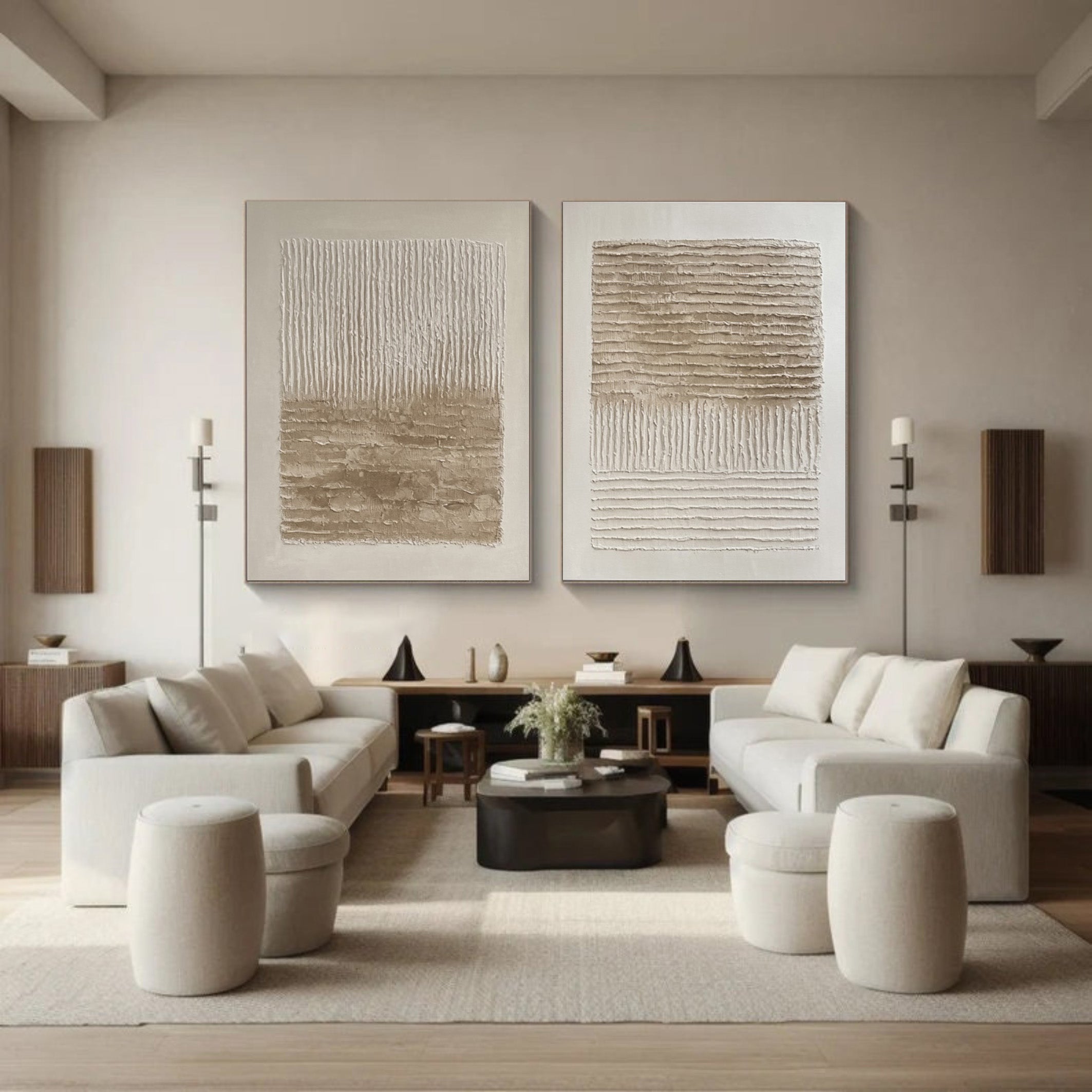 Modern Minimalist Set of Two with Sculpted Neutral Striations #BGA 194