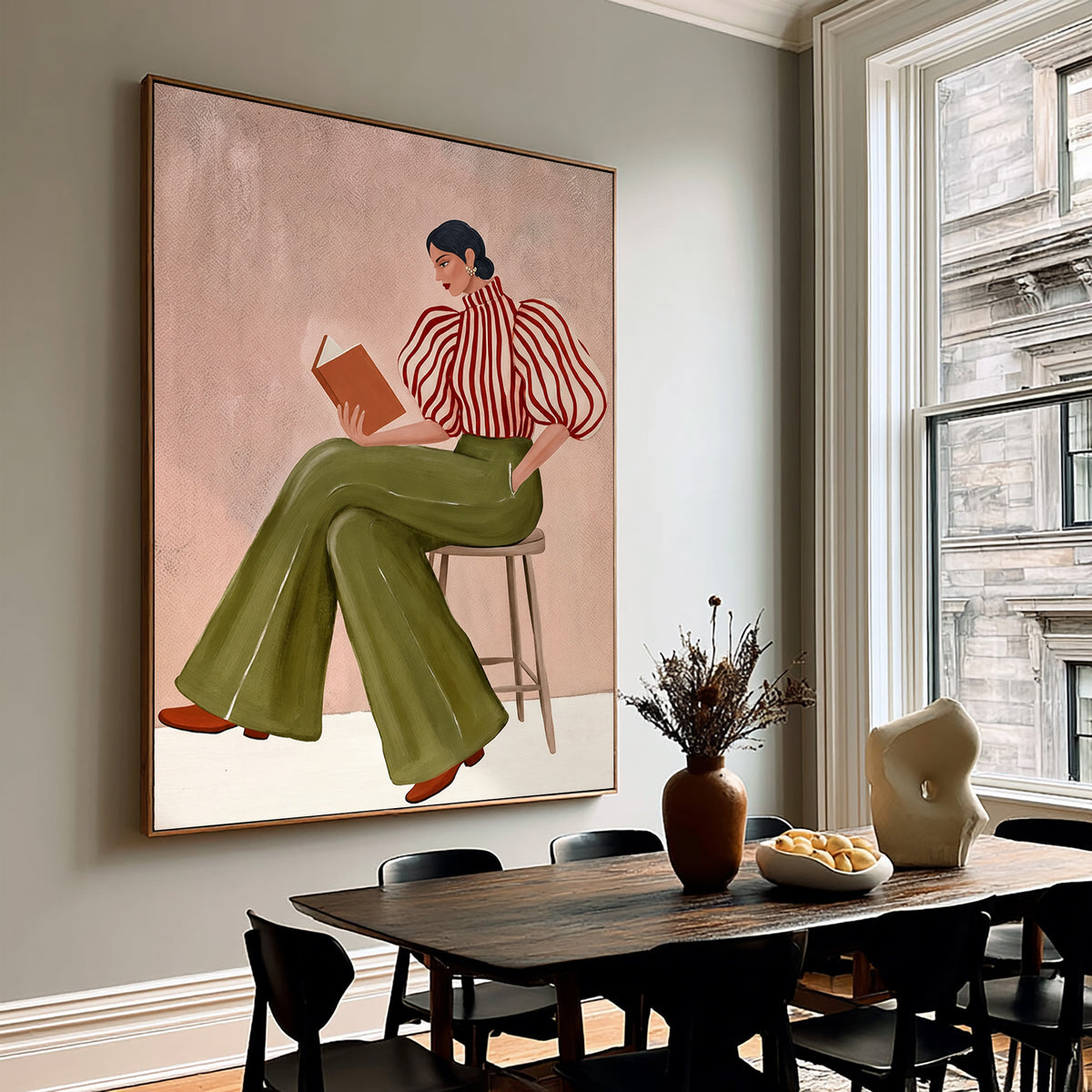 Fashion Woman Reading Book Striped Blouse Olive Green Pants Painting