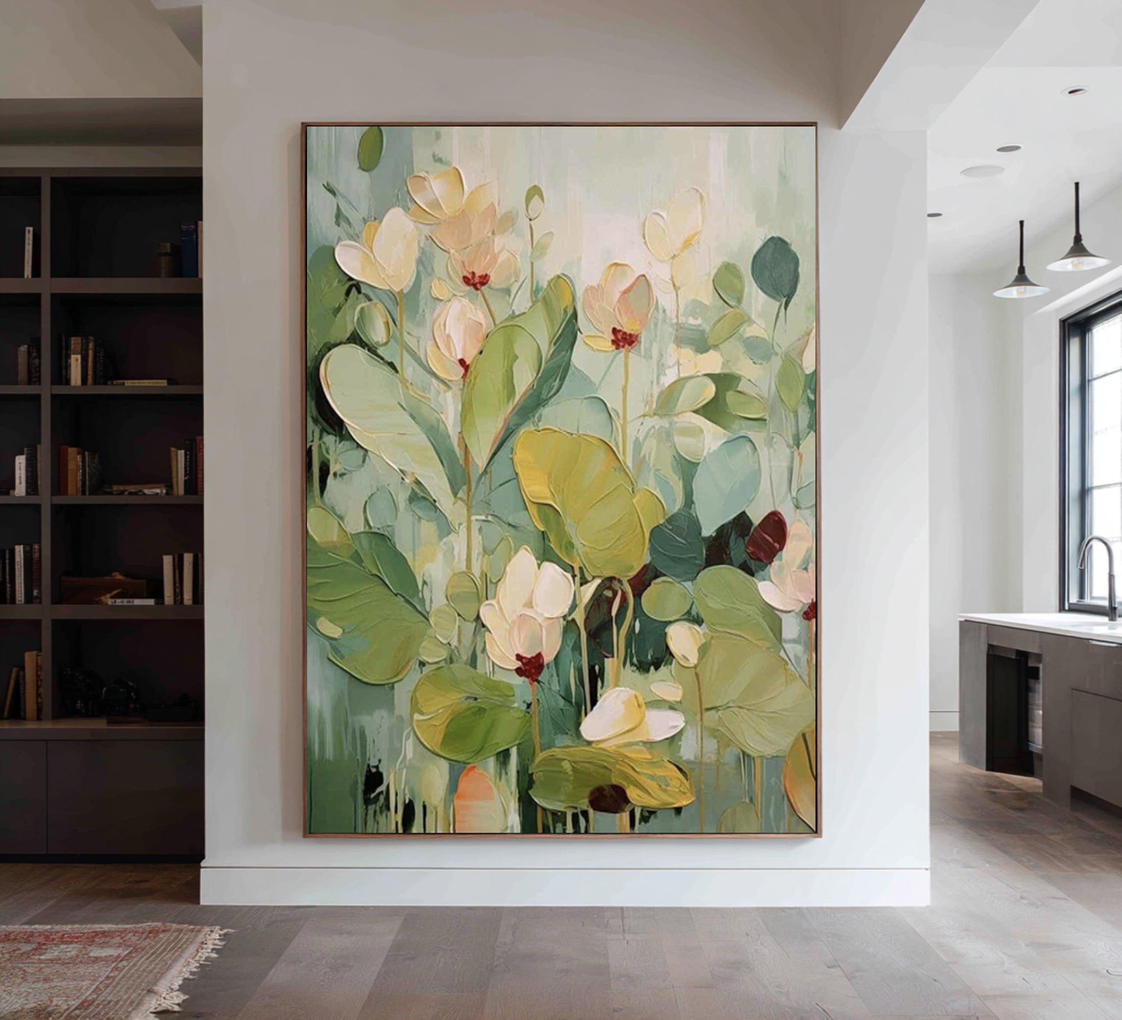Large Botanical Floral Painting Modern Green Wall Art