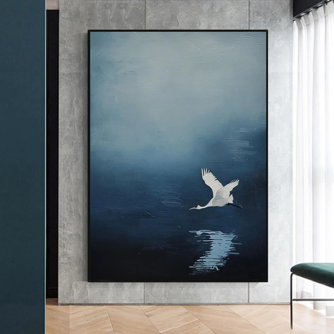 Serene Blue and White Crane Canvas, Minimalist Bird Wall Art #BGA 095