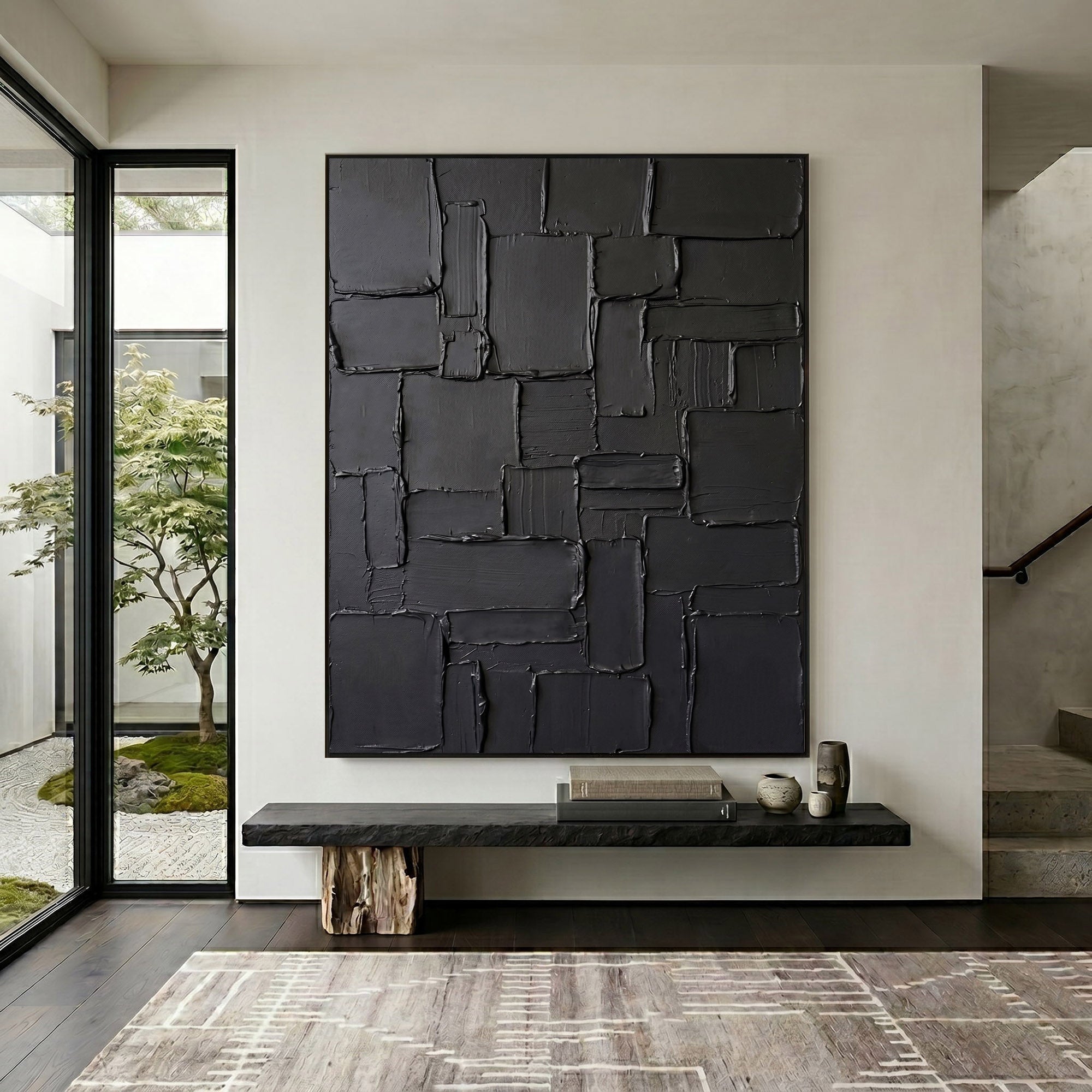 Large Black Textured Wall Art Abstract Oil Painting Modern Impasto Minimalist Contemporary Luxury Decor