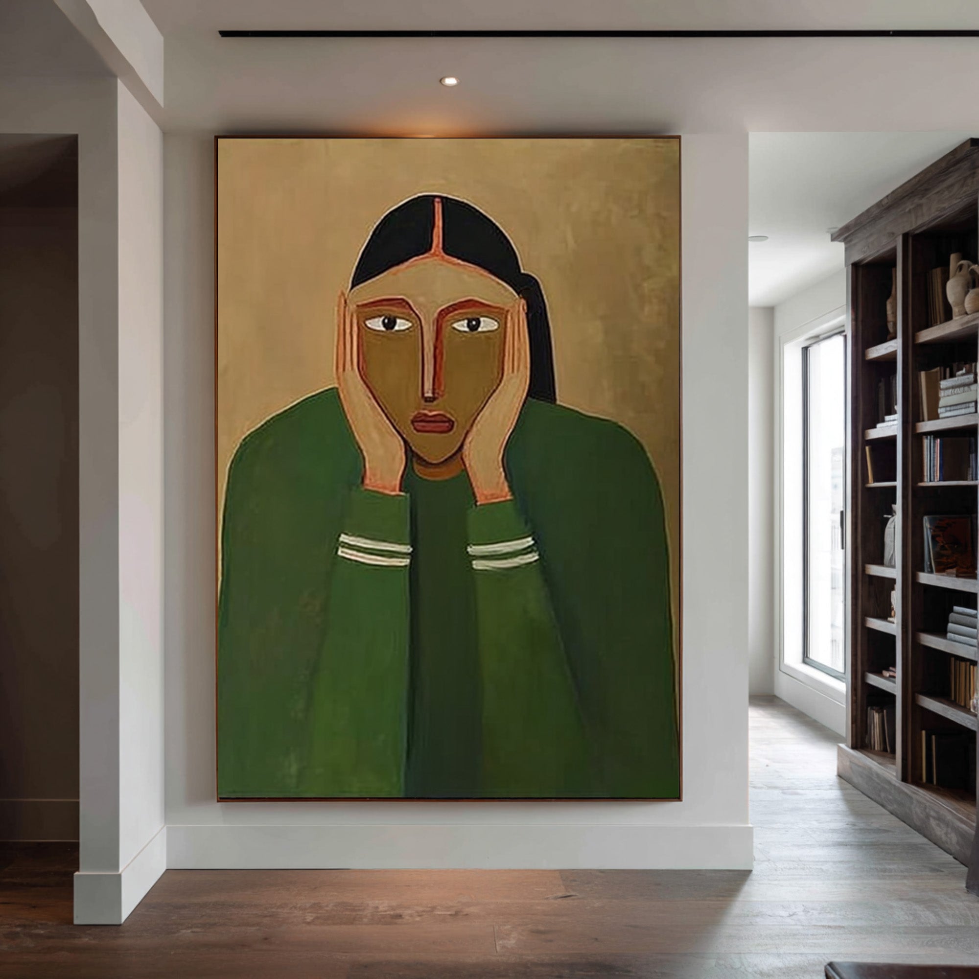 Large Abstract Portrait Oil Painting Green Tones, Emotional Modern Wall Art for Living Room #WAB-030