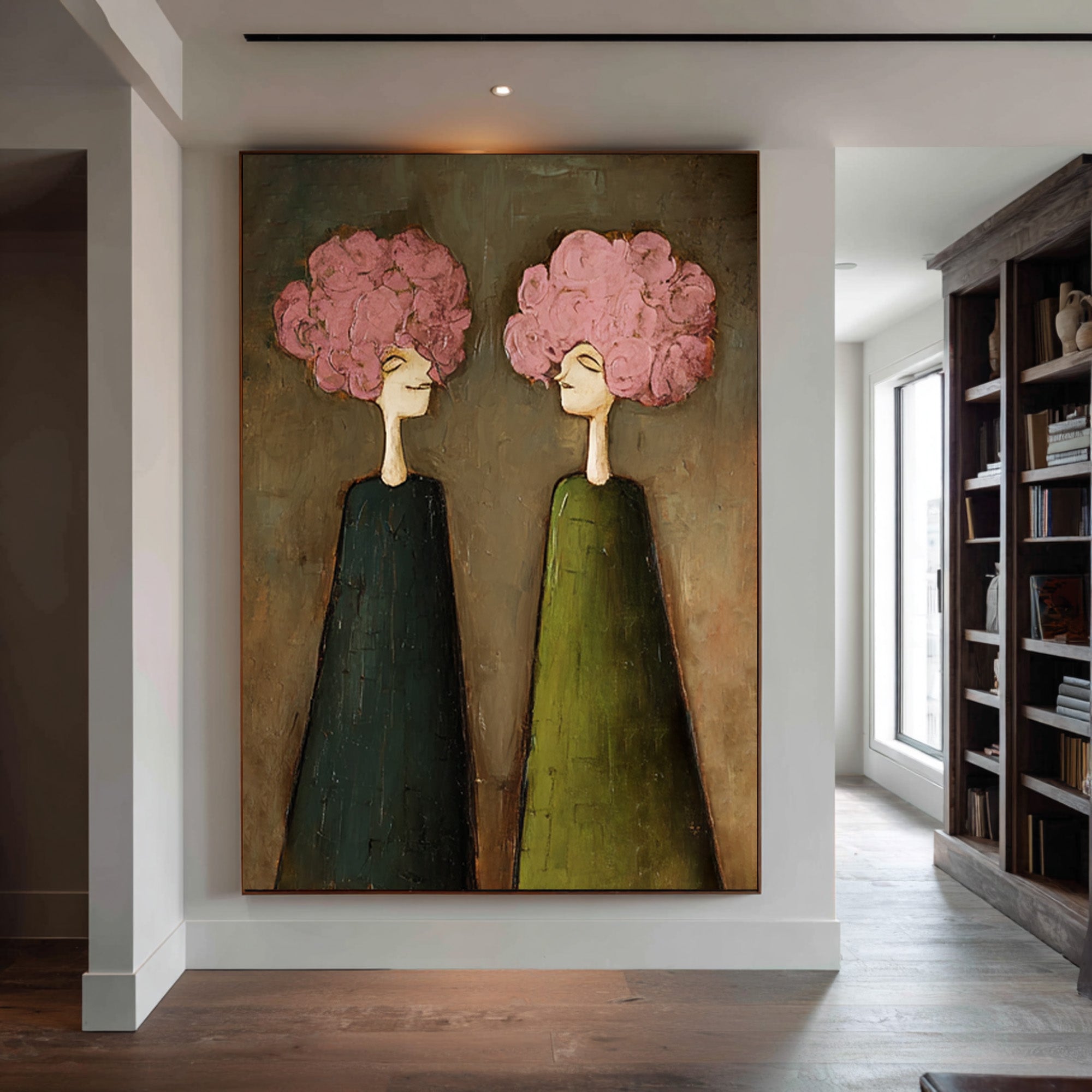 Large Pink Floral Portrait Oil Painting – Modern Green Dress Canvas Wall Decor #WAB 041