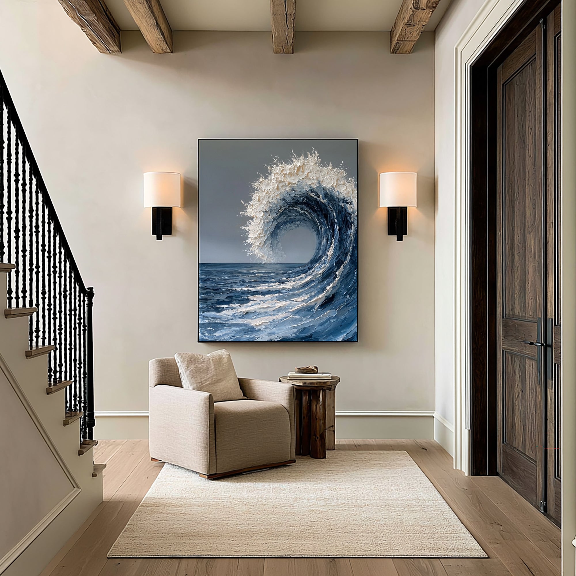 Large Contemporary Ocean Seascape Wall Art Textured Oil Painting Wave Artwork Cowboy Cowgirl Inspired Vintage Americana Modern Home Decor