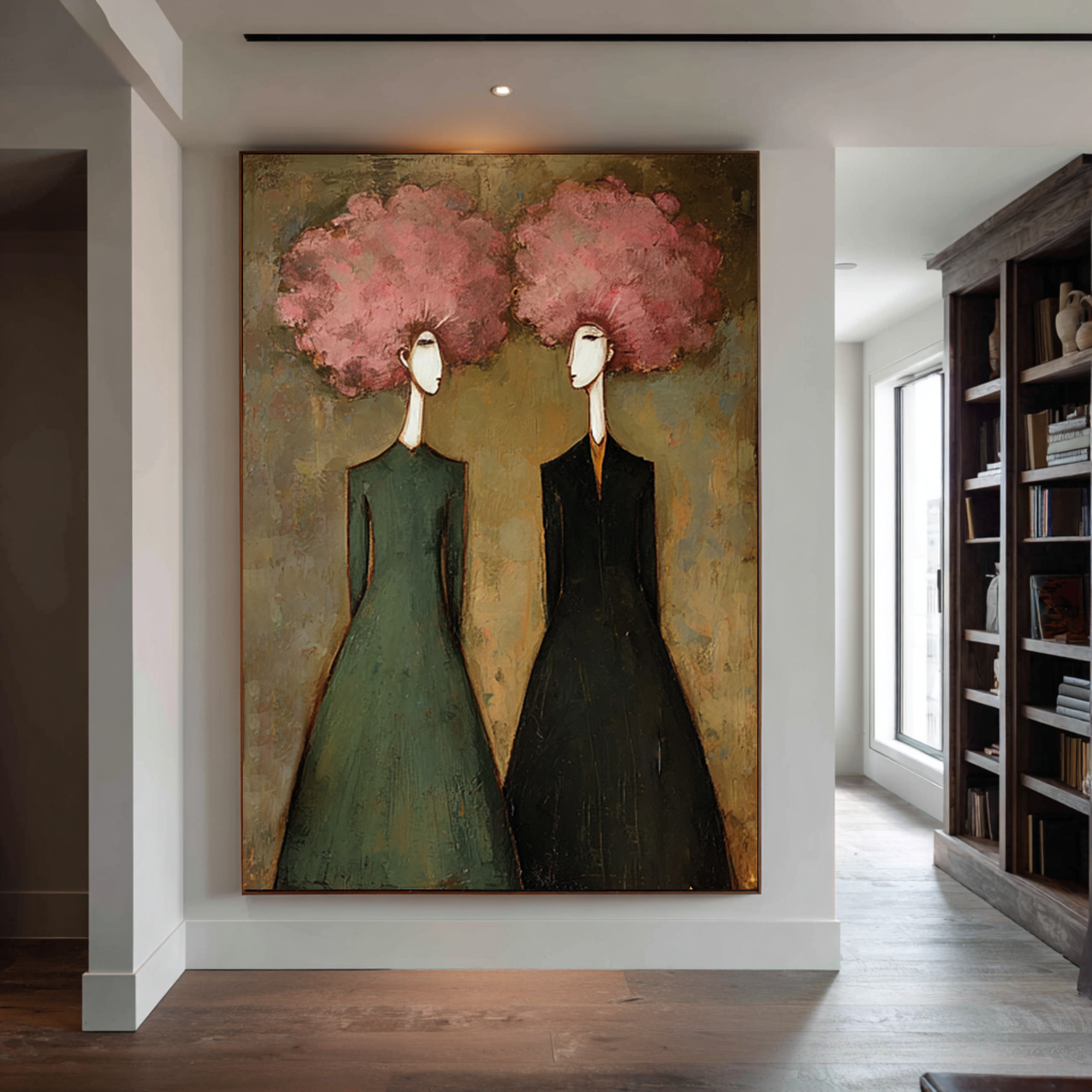 Large Abstract Pink Portrait Oil Painting – Modern Green and Black Wall Decor #WAB 044
