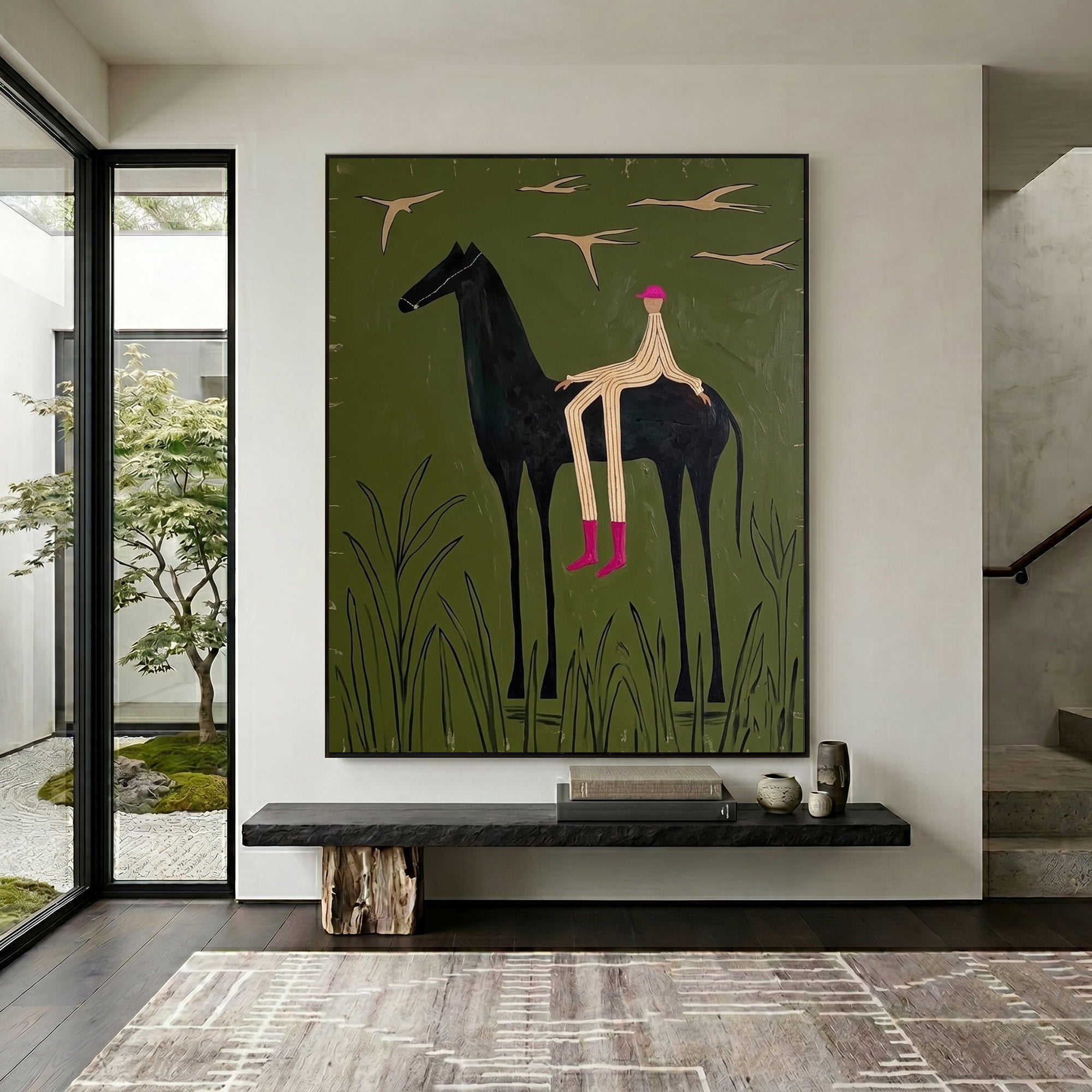 Large Cowboy Horse Wall Art Contemporary Western Green Painting