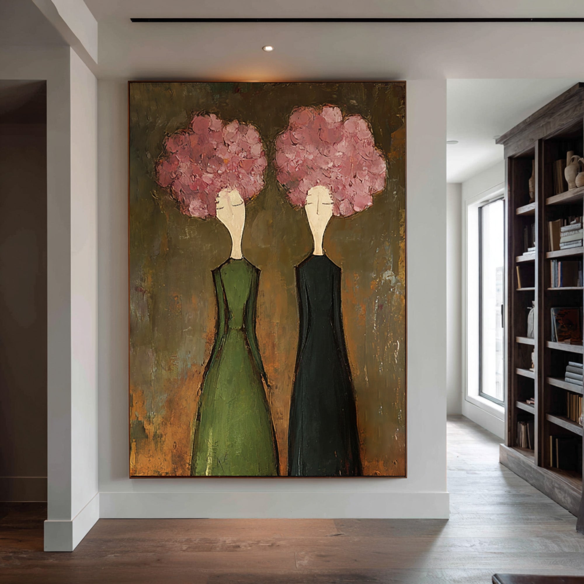 Large Modern Floral Portrait Oil Painting on Canvas – Elegant Green Dress Wall Art #WAB 042