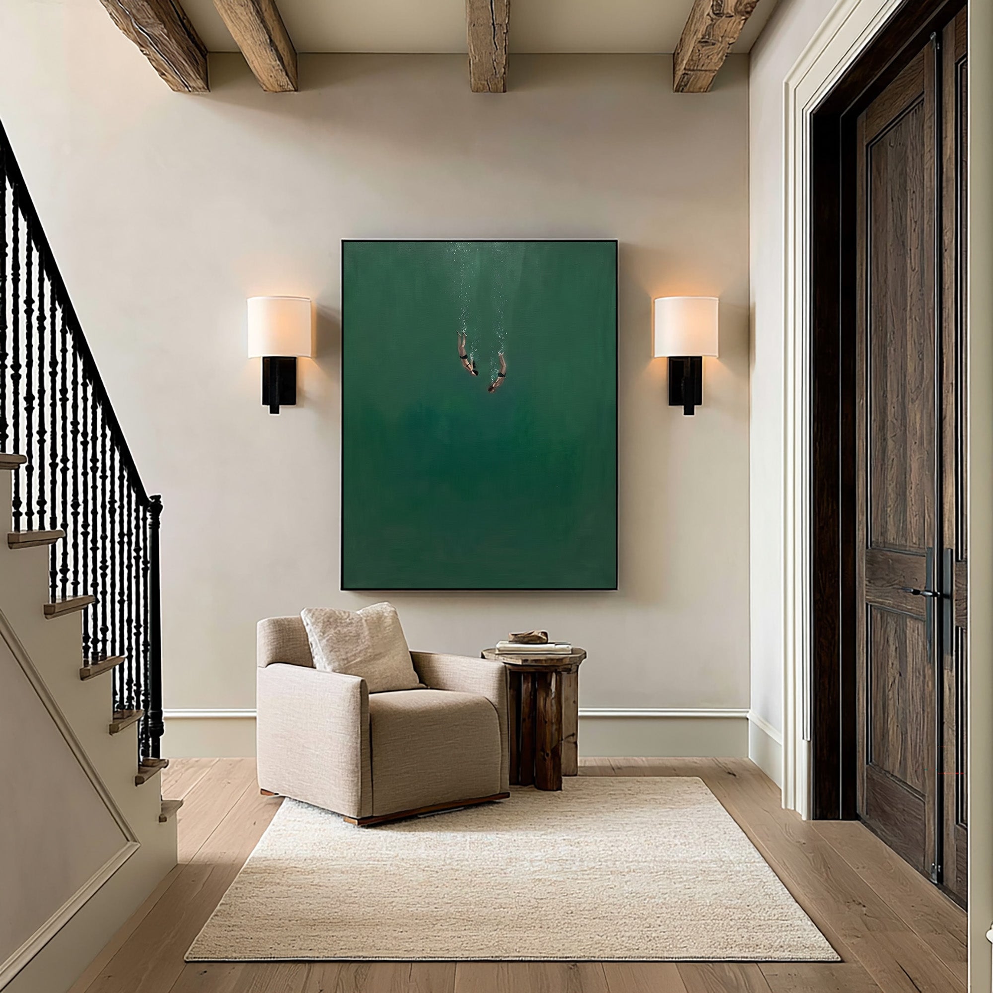 Large Minimalist Underwater Swimmer Wall Art Contemporary Ocean Oil Painting