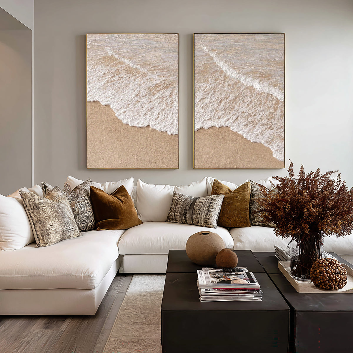 Large Modern Ocean Wave Diptych Wall Art Beige White Textured Oil Painting Coastal Seascape Two Piece Canvas Set Living Room Decor
